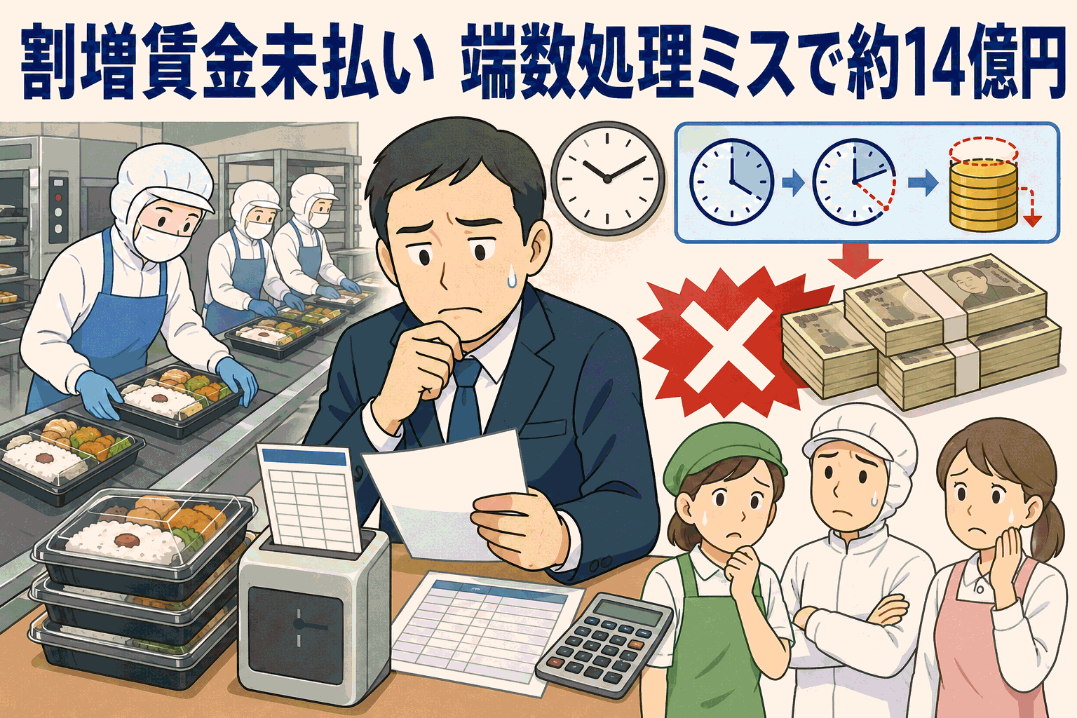 弁当工場の残業代未払い問題で、端数処理ミスにより約14億円の割増賃金支払いが発生した事例