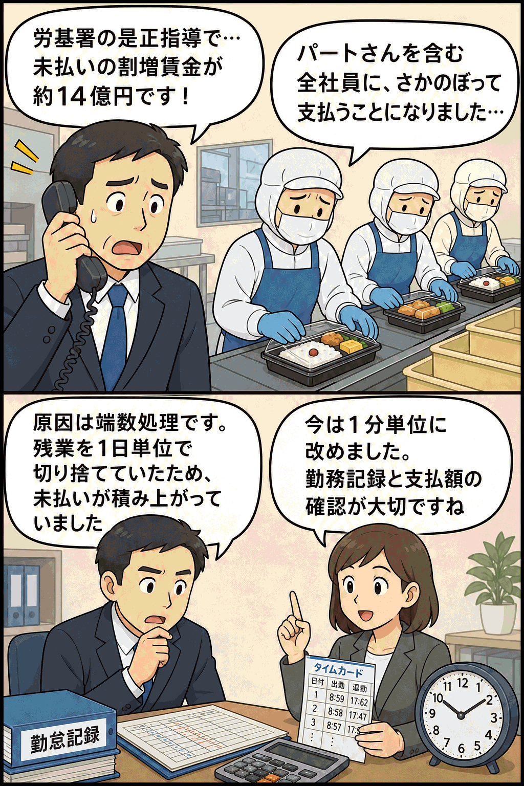 弁当製造会社が労基署の是正指導を受け、端数処理による割増賃金未払い約14億円を支払った事例を解説する漫画