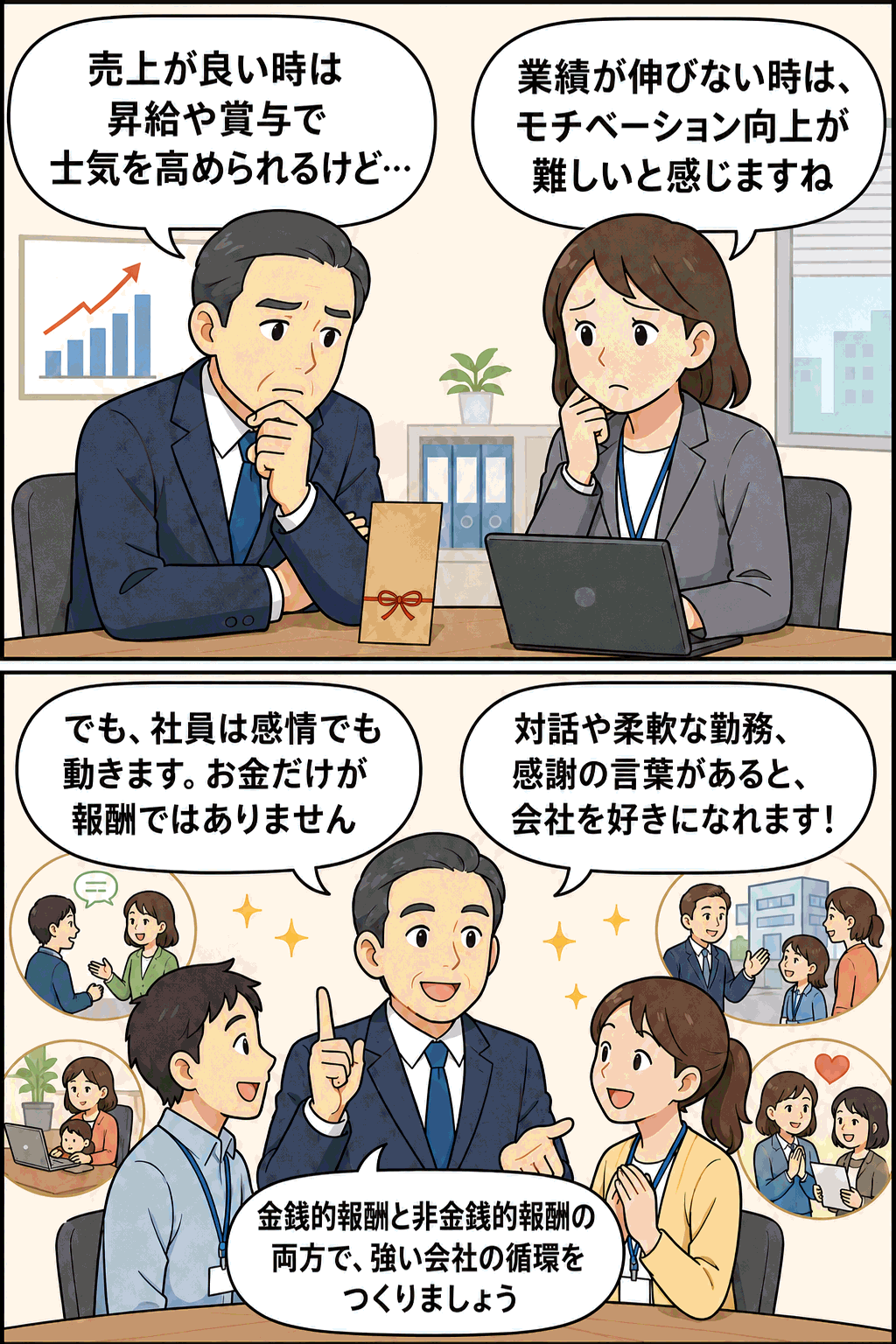 社員モチベーション向上には金銭的報酬だけでなく、対話や柔軟な勤務制度、感謝の言葉など非金銭的報酬も重要であることを解説する漫画