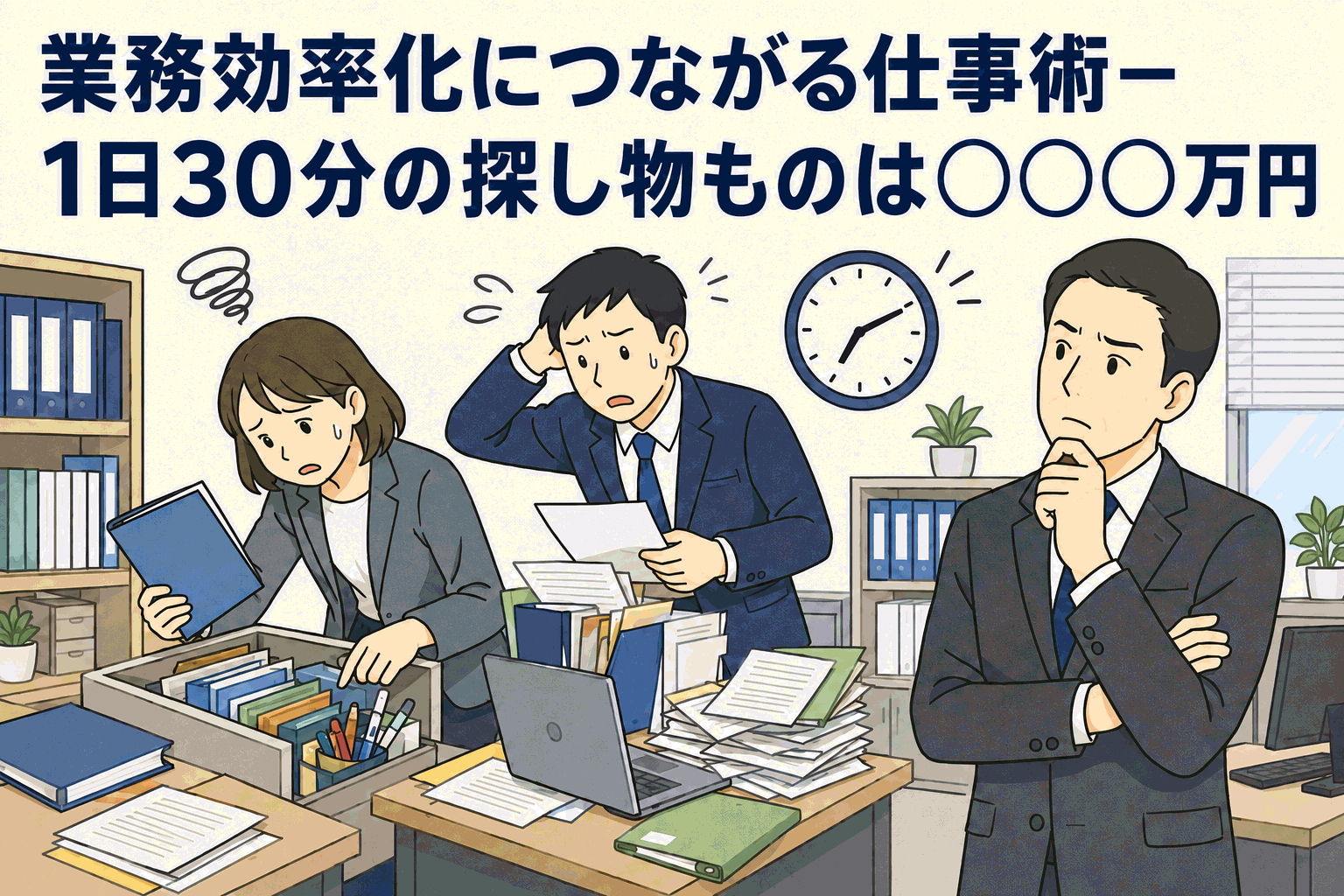 残業削減と業務効率化をテーマに、書類や文具を探す時間のムダが年間コスト増につながることを説明したオフィスのイラスト