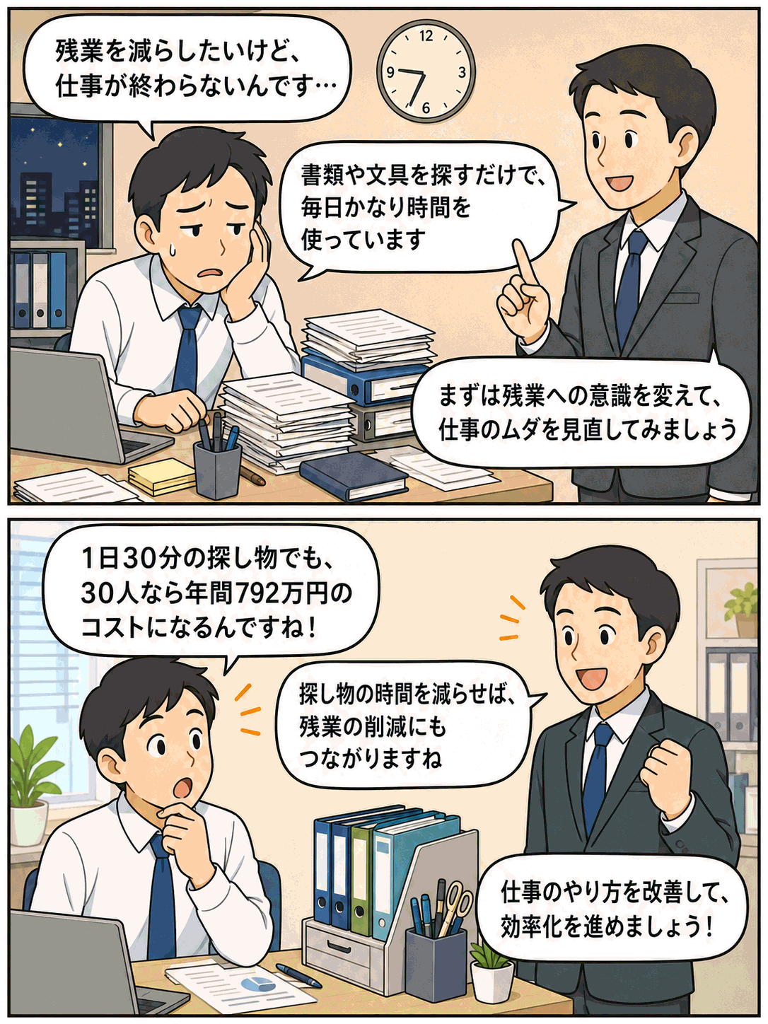 残業を減らしたい社員に対し、書類や文具を探す時間の削減が業務効率化と残業削減につながることを説明するオフィスの漫画
