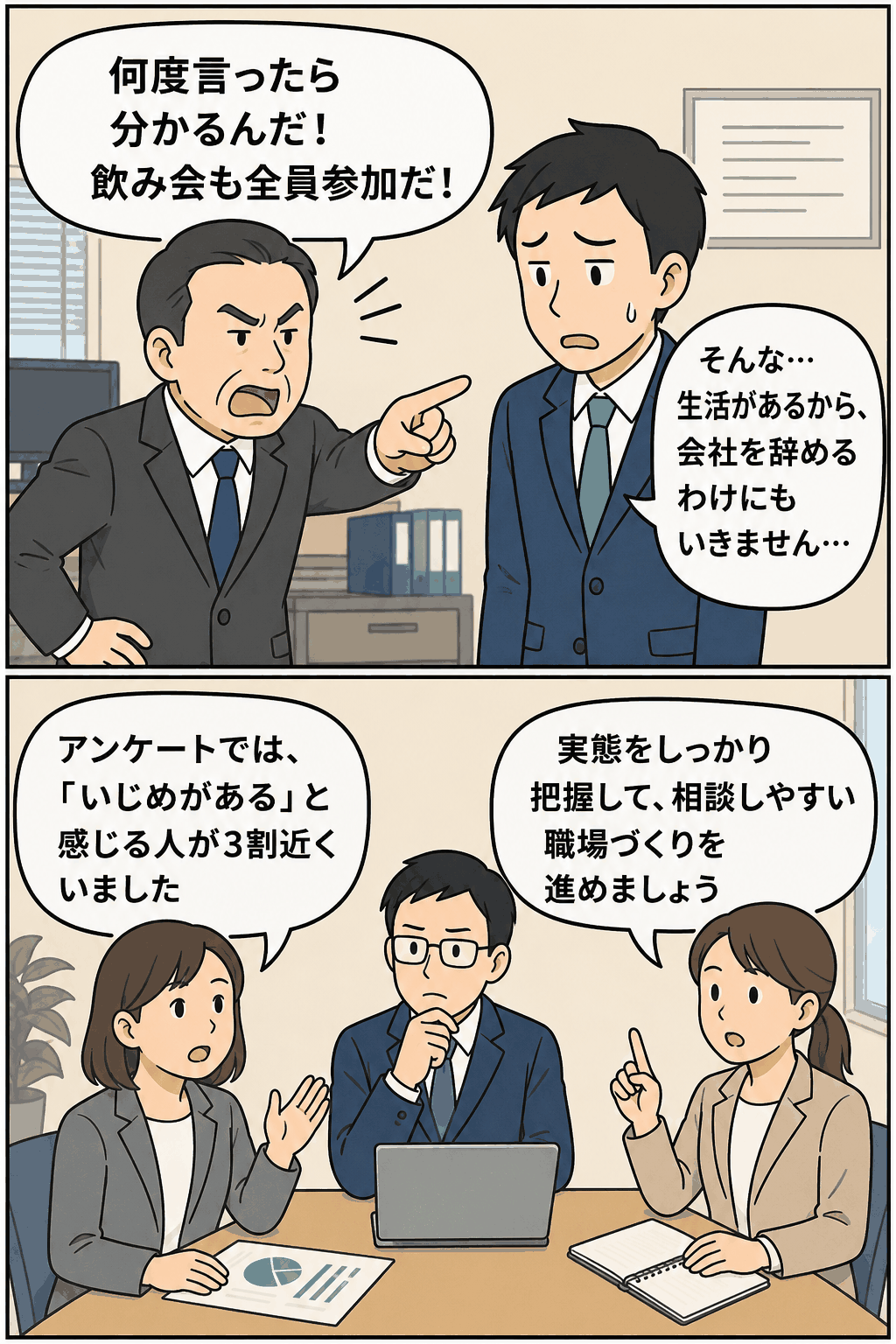 徳島労働局の職場いじめ・嫌がらせアンケート結果をもとに、飲み会参加の強要や上司の叱責に悩む従業員と、人事担当者が相談しやすい職場づくりを話し合う漫画画像
