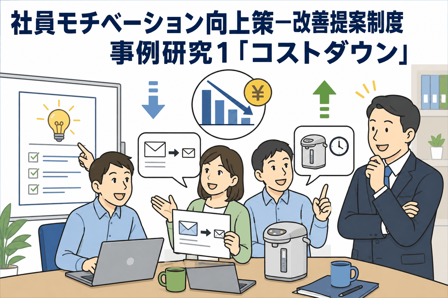 社員モチベーション向上策として改善提案制度を活用し、ムダ削減やコストダウンを検討する職場のイラスト