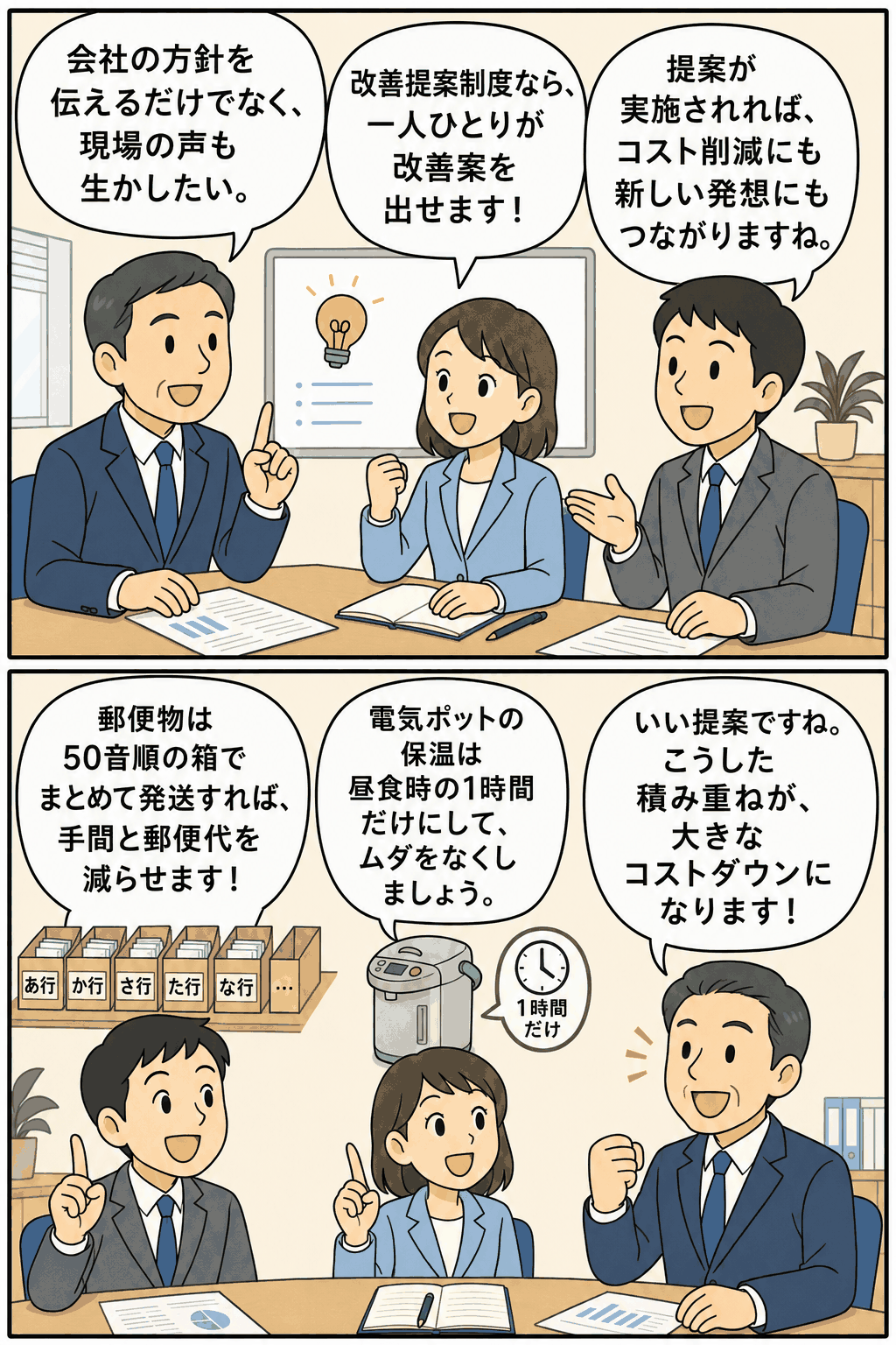 改善提案制度により現場の声を生かし、郵送業務の効率化や電気ポットの使用時間見直しでコストダウンを進める社員の漫画イラスト