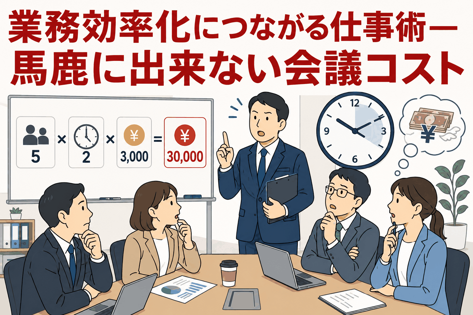 会議コストの計算方法を解説するビジネス会議のイラスト。参加人数・時間・時給から、無駄な会議が大きな人件費につながることを示している。