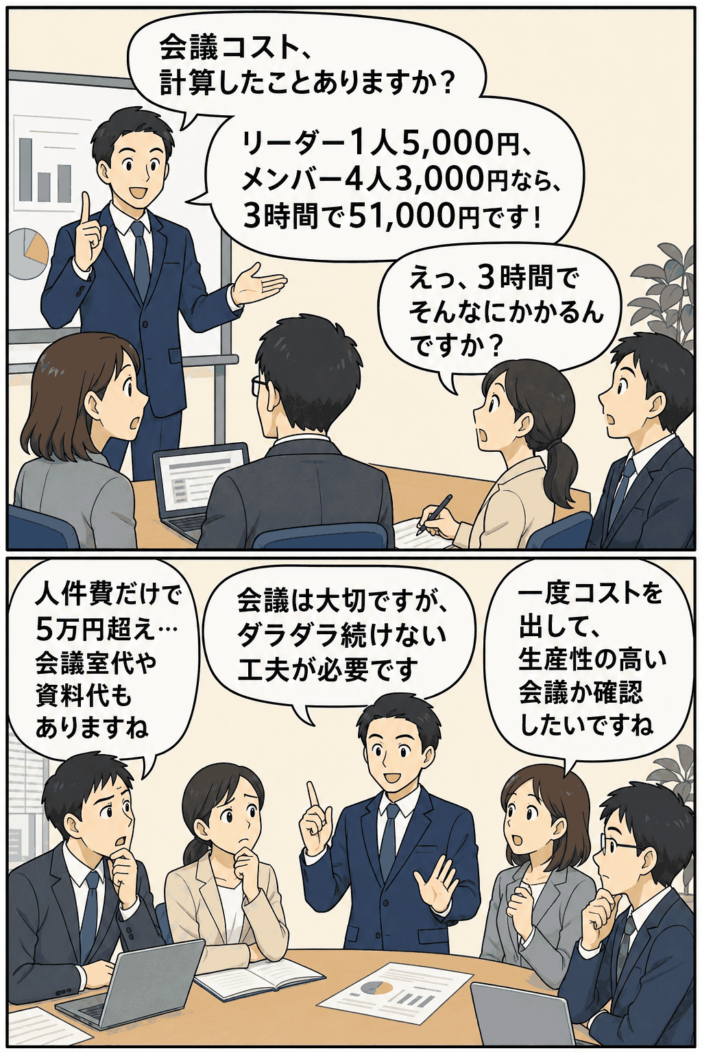 会議コストを計算するビジネス漫画。リーダー1人5,000円、メンバー4人3,000円の3時間会議で、人件費だけで51,000円かかることを説明している。
