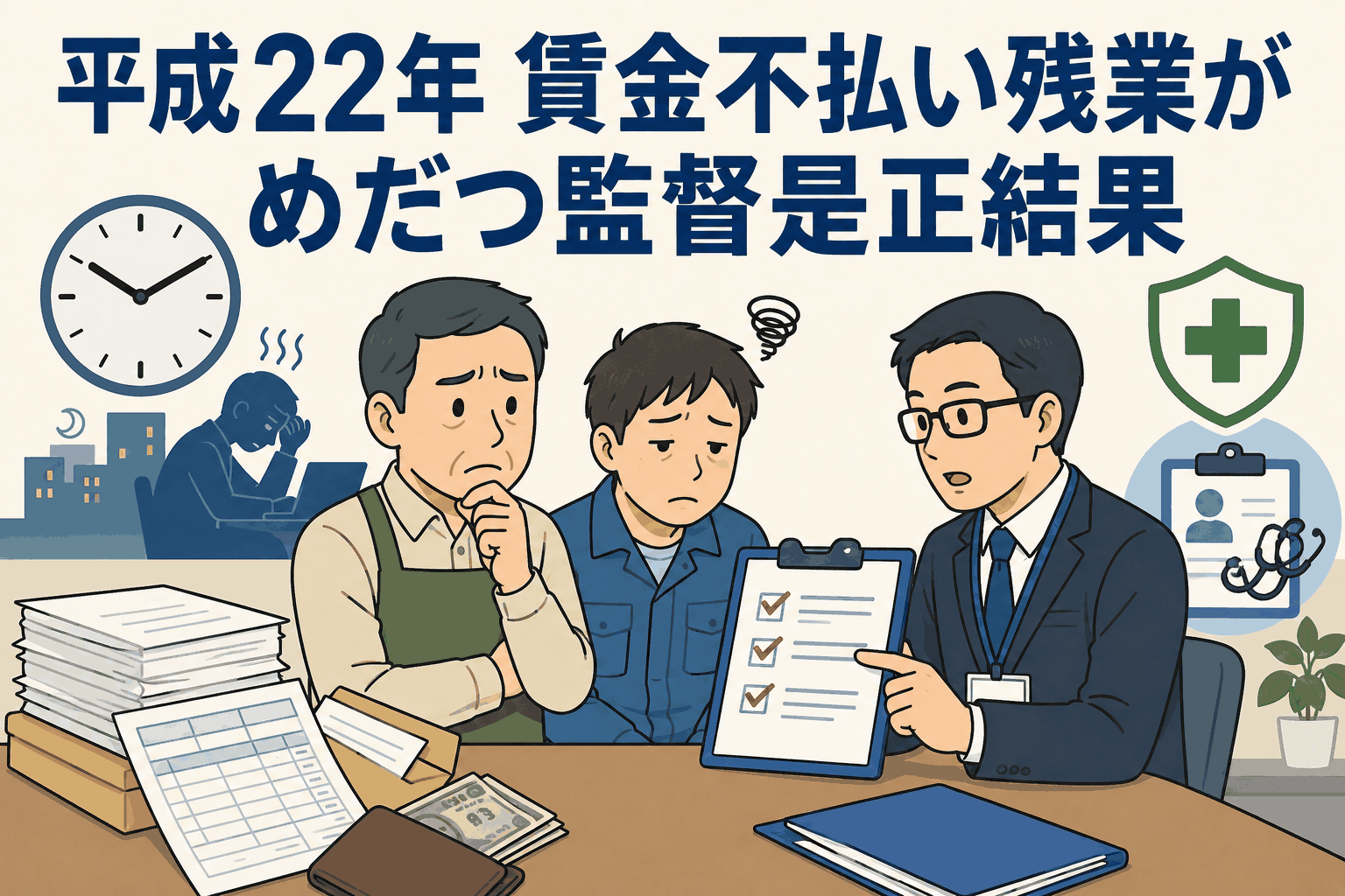 平成22年の賃金不払い残業や労働基準関係法令違反について、足立労基署の監督是正結果を説明するイラスト