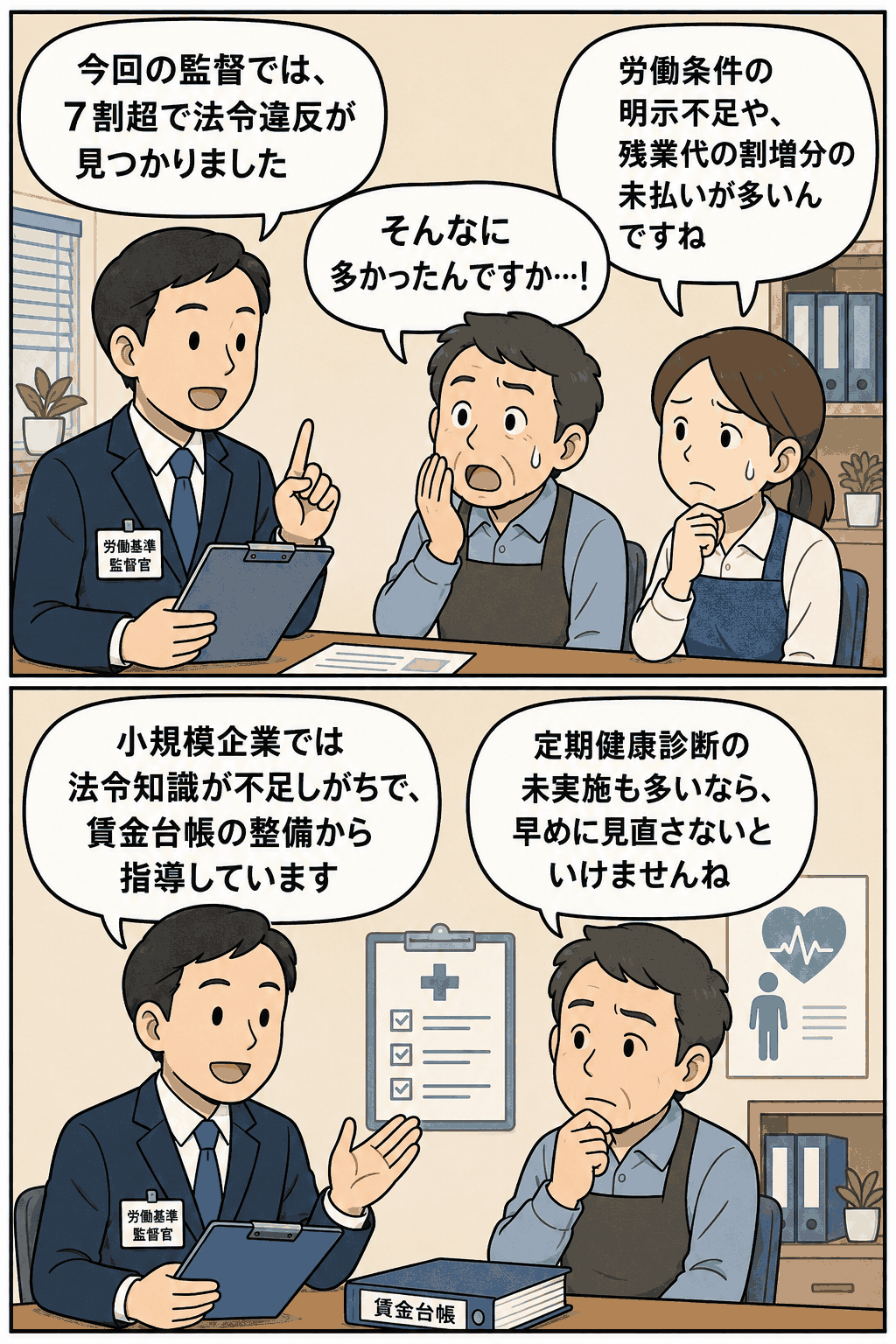 足立労基署の平成22年監督是正結果について、法令違反が7割超だったことや労働条件明示不足、残業代未払い、賃金台帳整備、定期健康診断未実施を説明する漫画