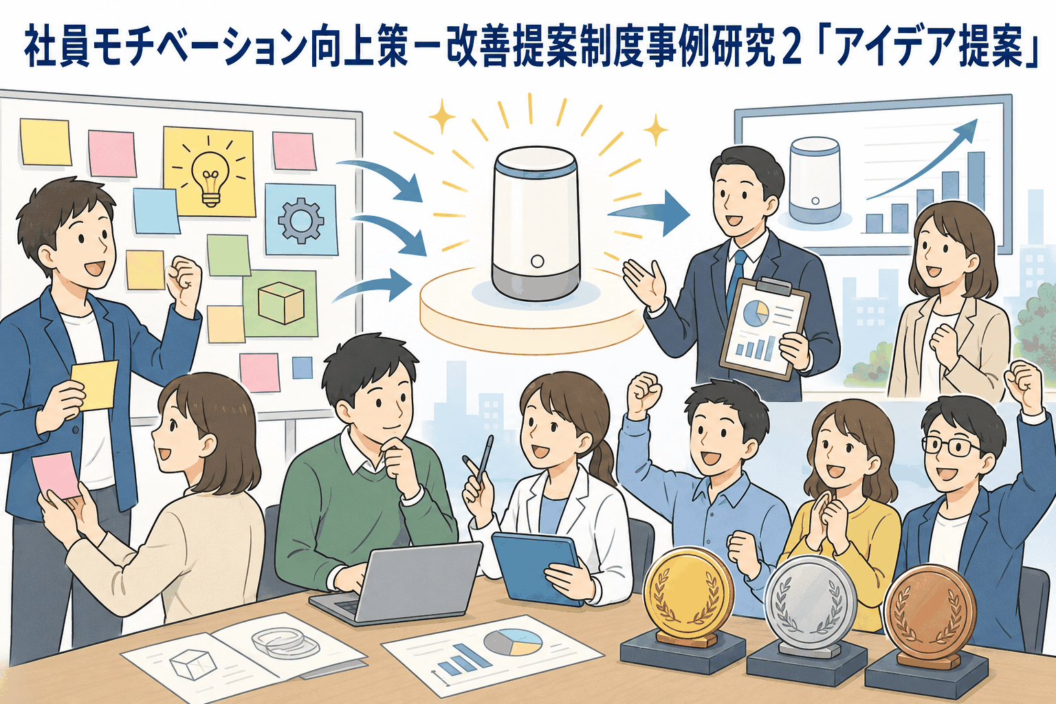 社員モチベーション向上策として、全社員参加のアイデア提案制度により新製品開発やヒット商品創出につなげる事例を紹介するイラスト