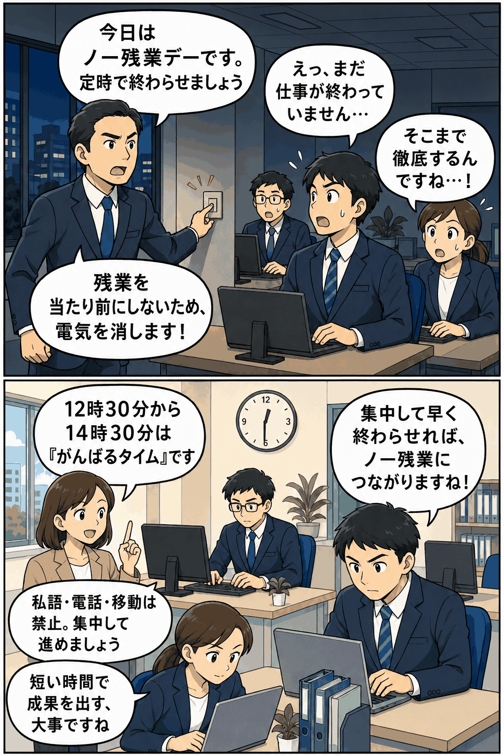 ノー残業デーとがんばるタイムを導入し、集中して働くことで残業削減と業務効率化を目指すオフィスの漫画イラスト