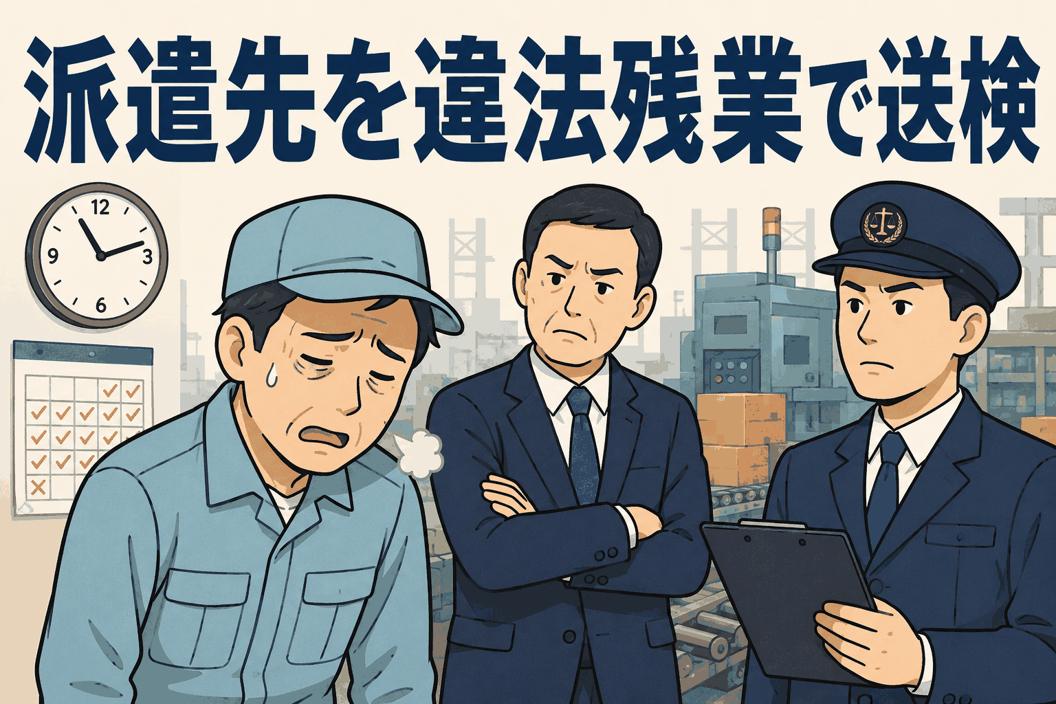 派遣労働者に36協定の延長限度を超える違法残業をさせた疑いで、山梨・甲府労基署が派遣先会社と工場長を書類送検した事例の解説画像