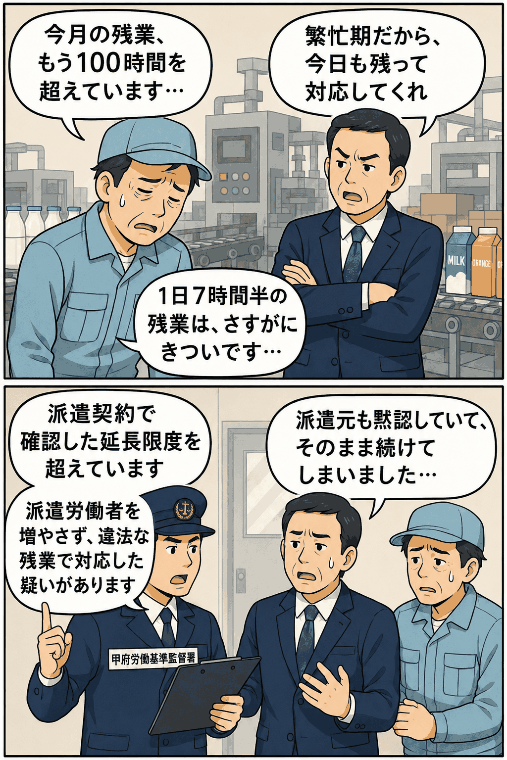 派遣労働者が月100時間超・1日7時間半の残業を訴え、甲府労働基準監督署が36協定の延長限度を超えた違法残業の疑いを指摘する漫画画像