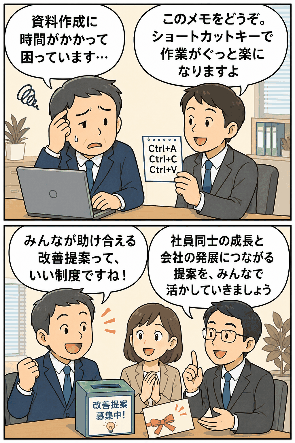 改善提案制度により、ショートカットキーのメモ共有で資料作成の悩みを解決し、社員同士が助け合って業務効率化と会社の成長につなげる漫画