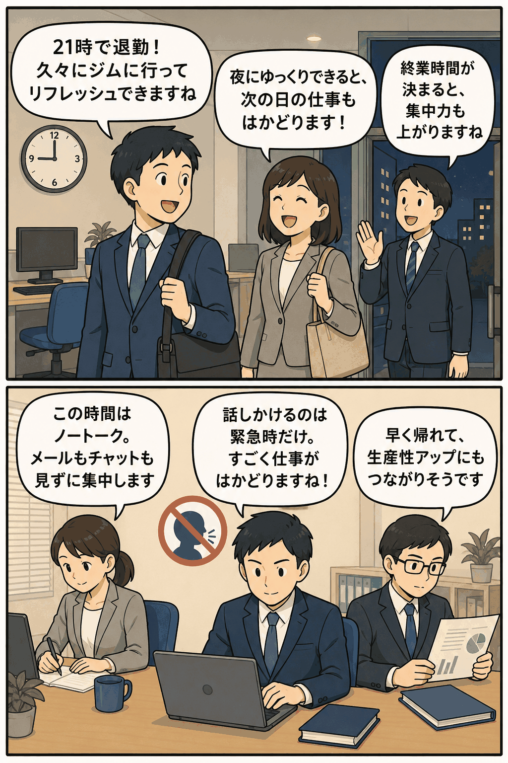 21時退勤の強制退勤制度とノートーク制度で業務効率化に取り組む会社員の漫画イラスト