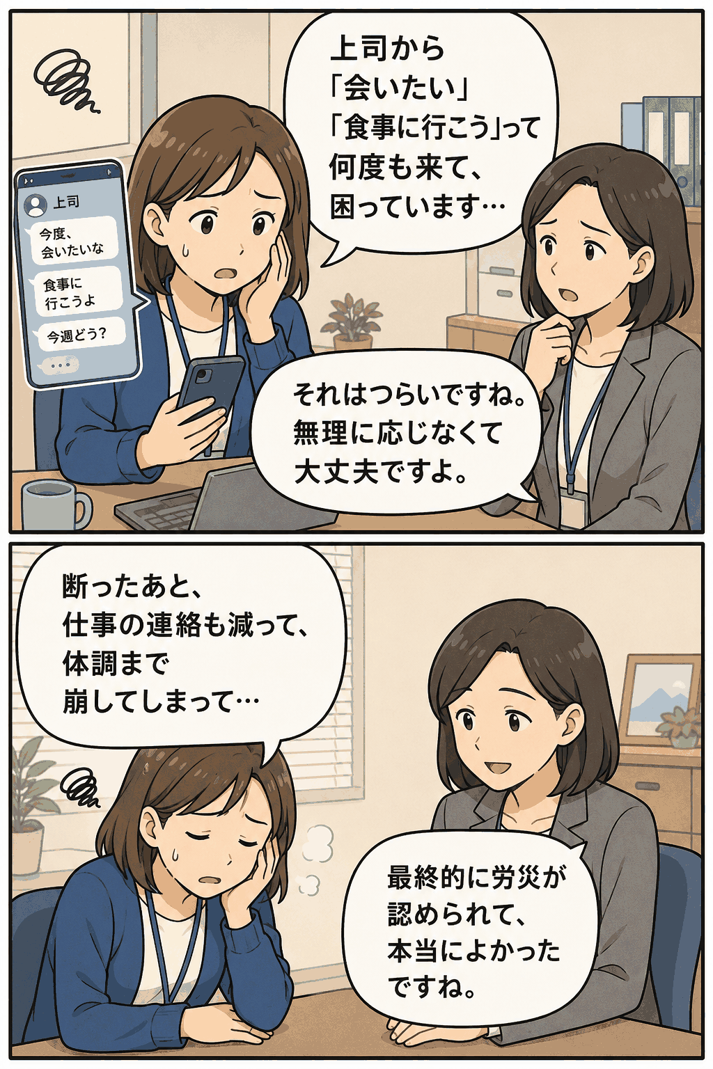 派遣先の上司からしつこい誘いのメールを受けて悩む女性が相談し、セクハラによる精神障害と労災認定について話す漫画