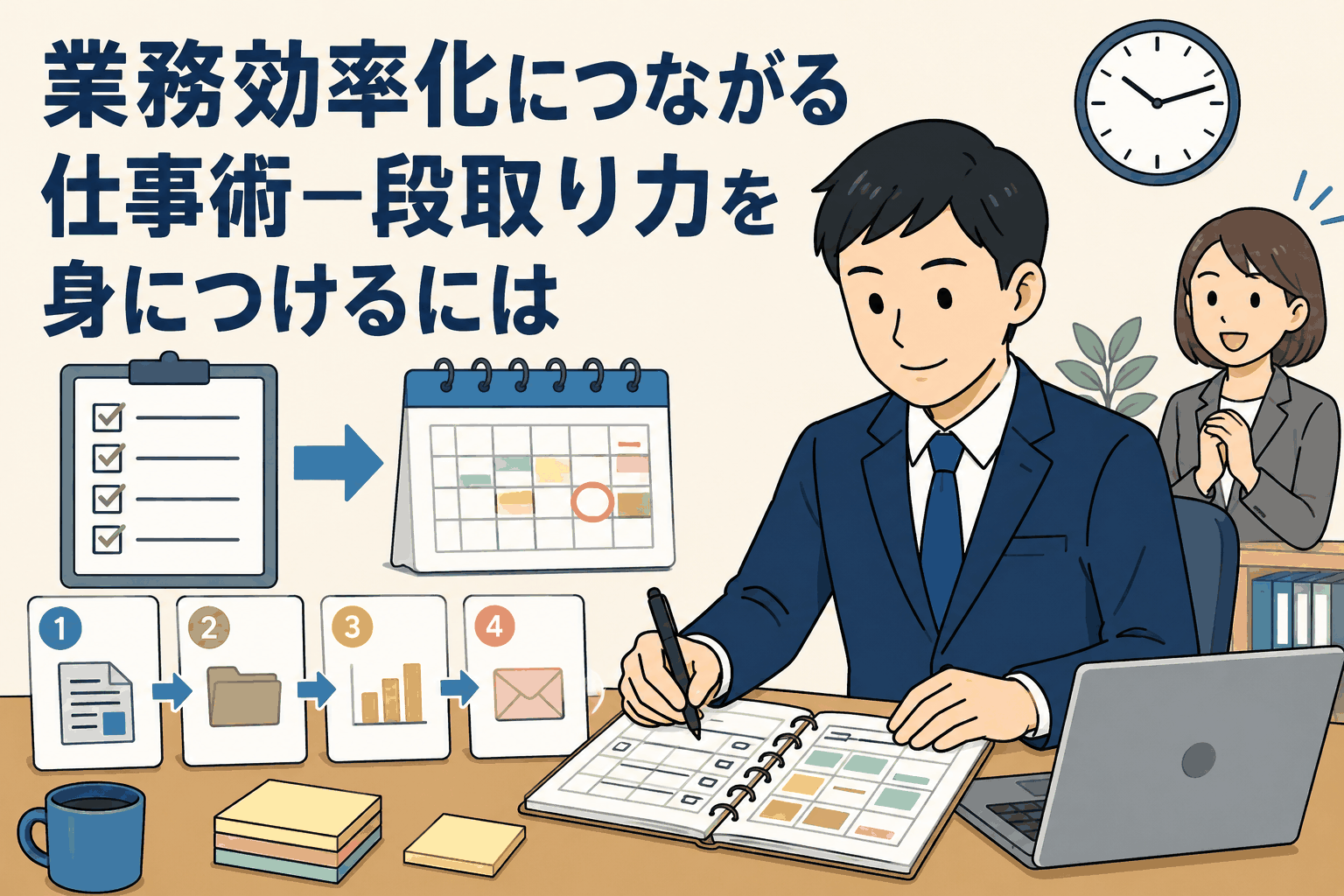 業務効率化につながる段取り力を身につける方法を解説するアイキャッチ画像。スケジュール帳やチェックリストを使って仕事の手順を整理するビジネスパーソン。