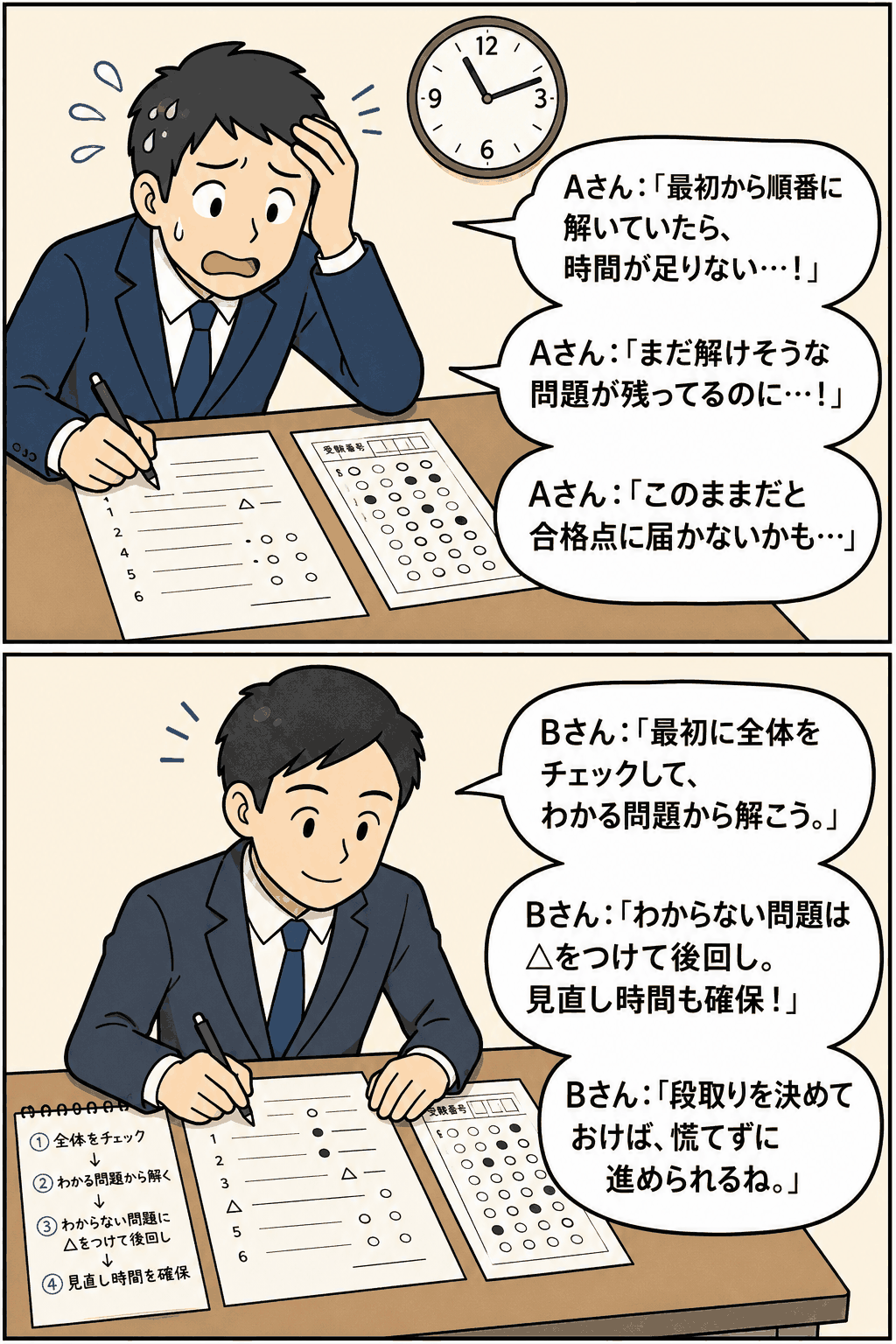 資格試験で段取り力の有無を比較するイラスト。順番通りに解いて時間不足になるAさんと、全体を確認してわかる問題から進めるBさんの違いを示している。