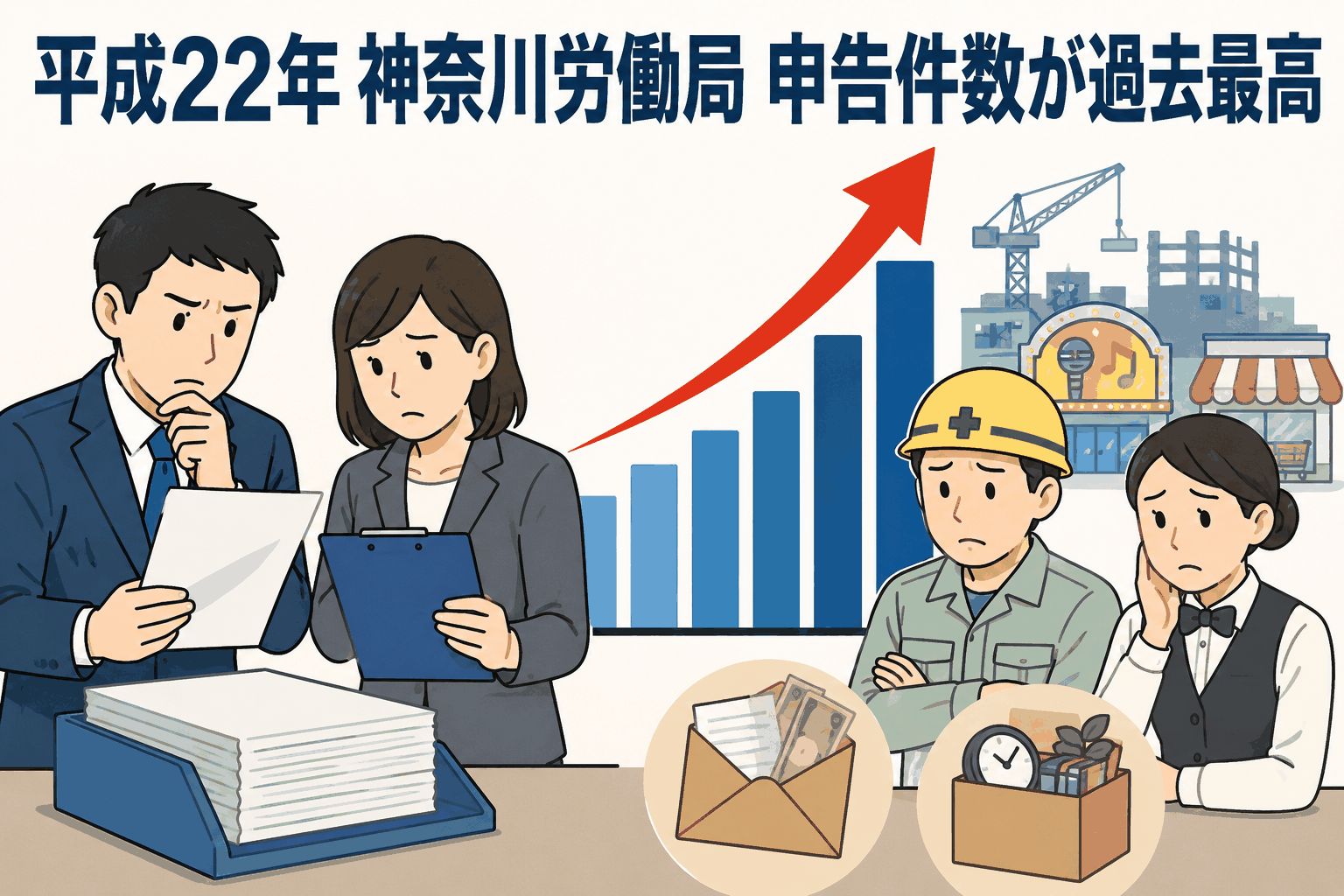 神奈川労働局における申告件数の増加と賃金不払い・解雇に関する労働相談の内訳