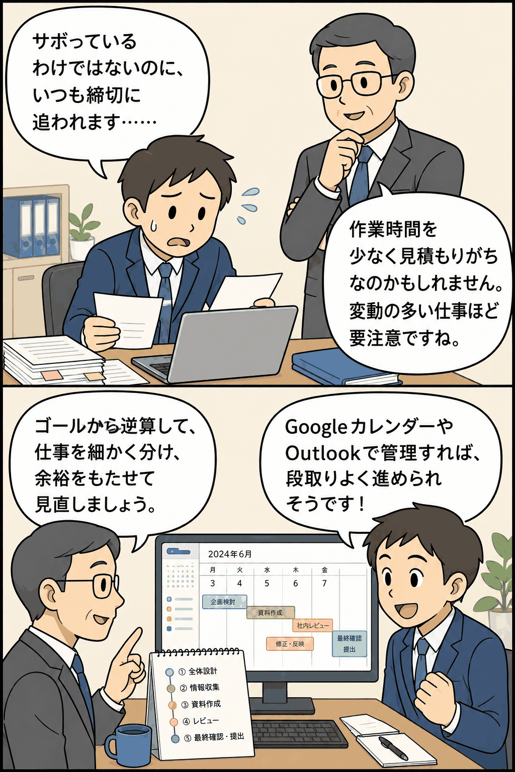 期限に追われるビジネスパーソンが、ゴールから逆算して仕事を分解し、GoogleカレンダーやOutlookで段取りよく業務管理する方法を学ぶ漫画風イラスト