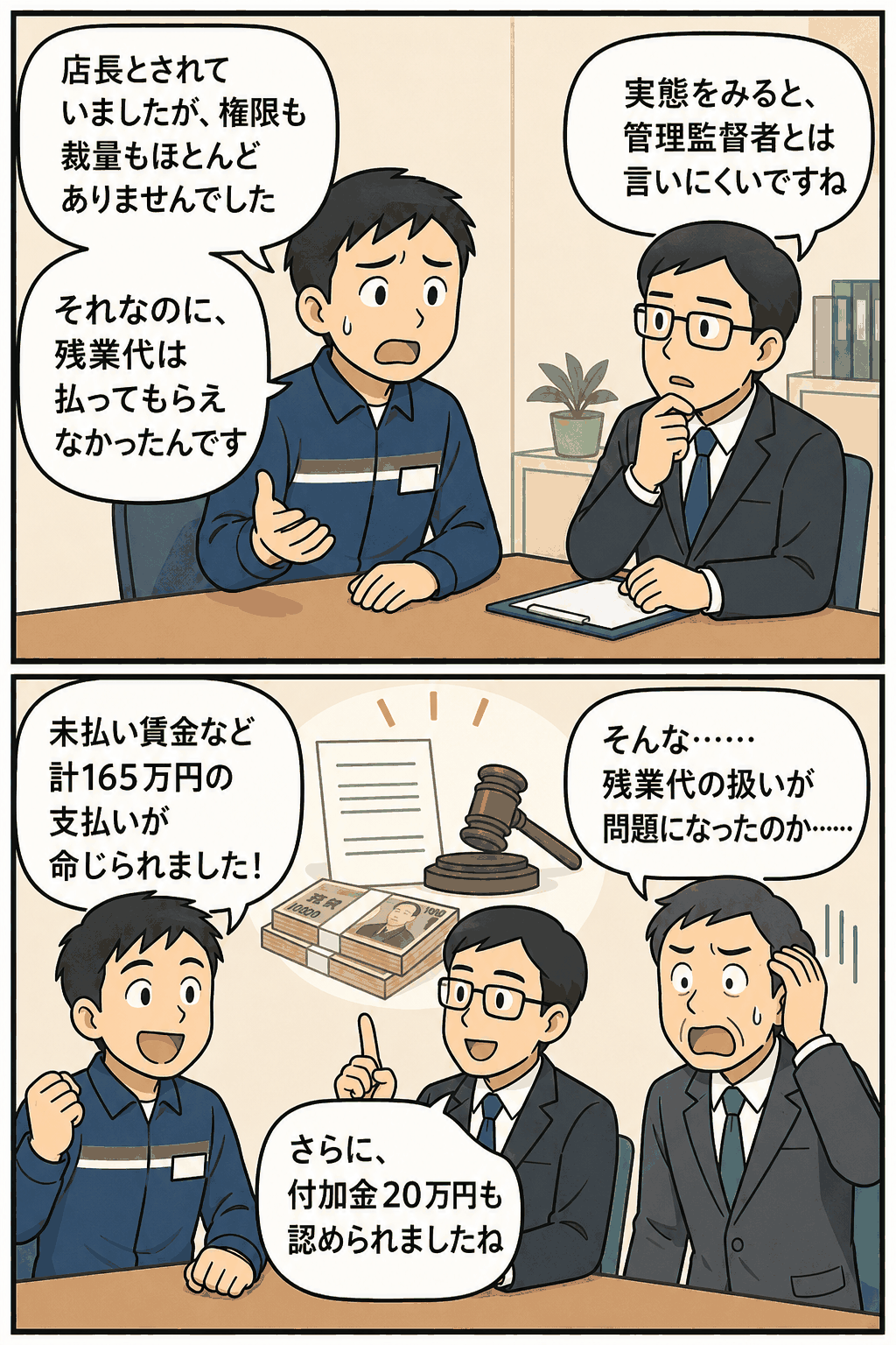 コンビニ元店長が権限や裁量の不足を理由に管理監督者性を否定され、未払い残業代などの支払いが命じられた事例を解説する漫画