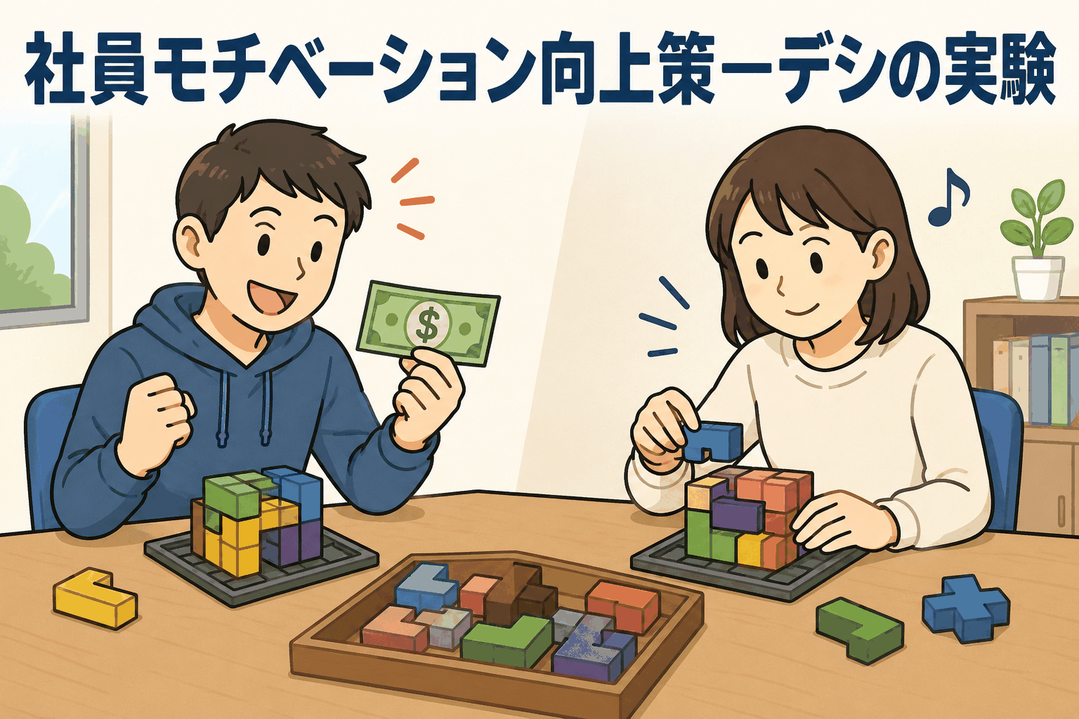 社員モチベーション向上策の実験として、報酬を受け取る男性とパズルに取り組む女性を描いたアイキャッチ画像