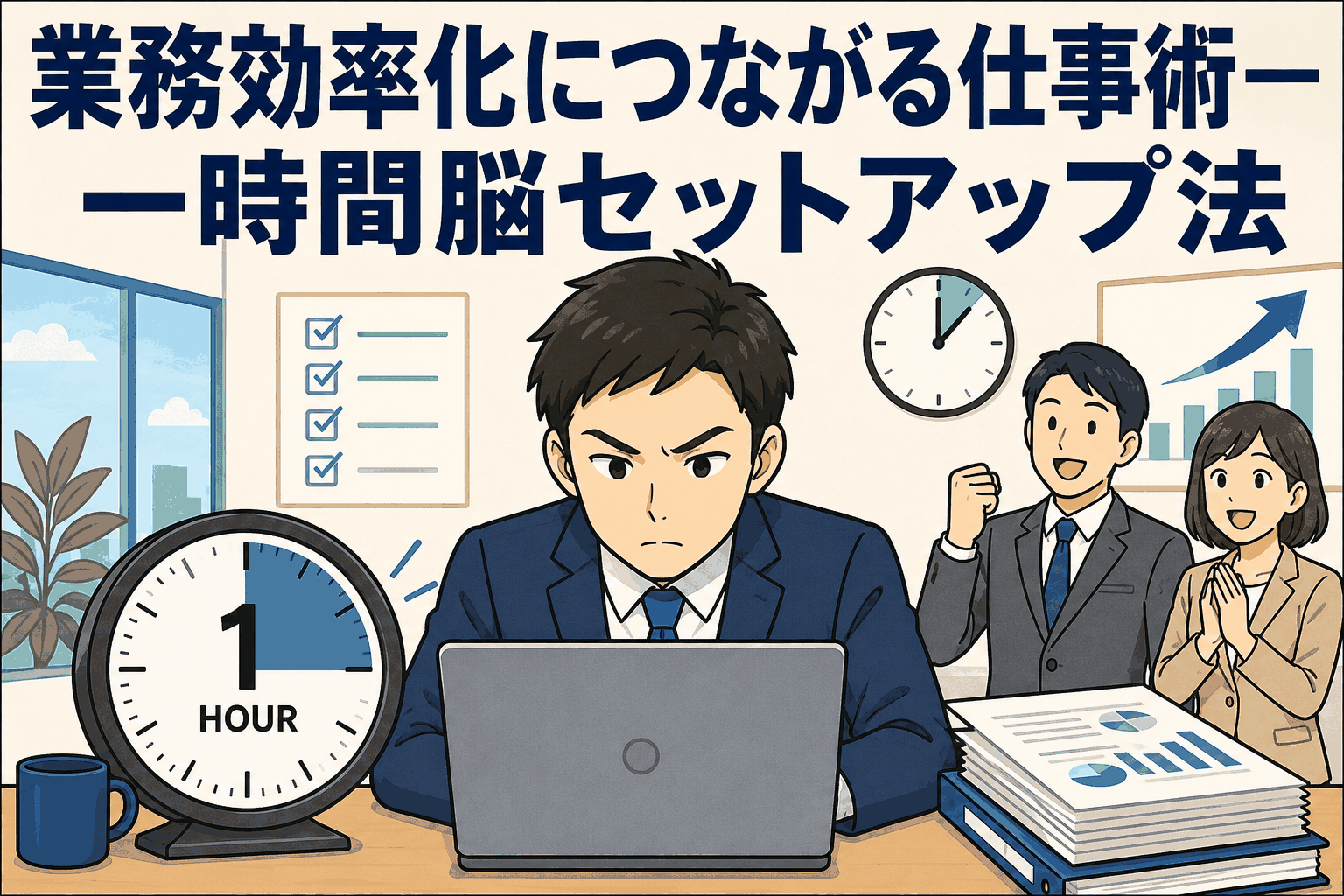 業務効率化につながる仕事術として、一時間以内に目標を決めて集中する「一時間脳セットアップ法」を解説するアイキャッチ画像
