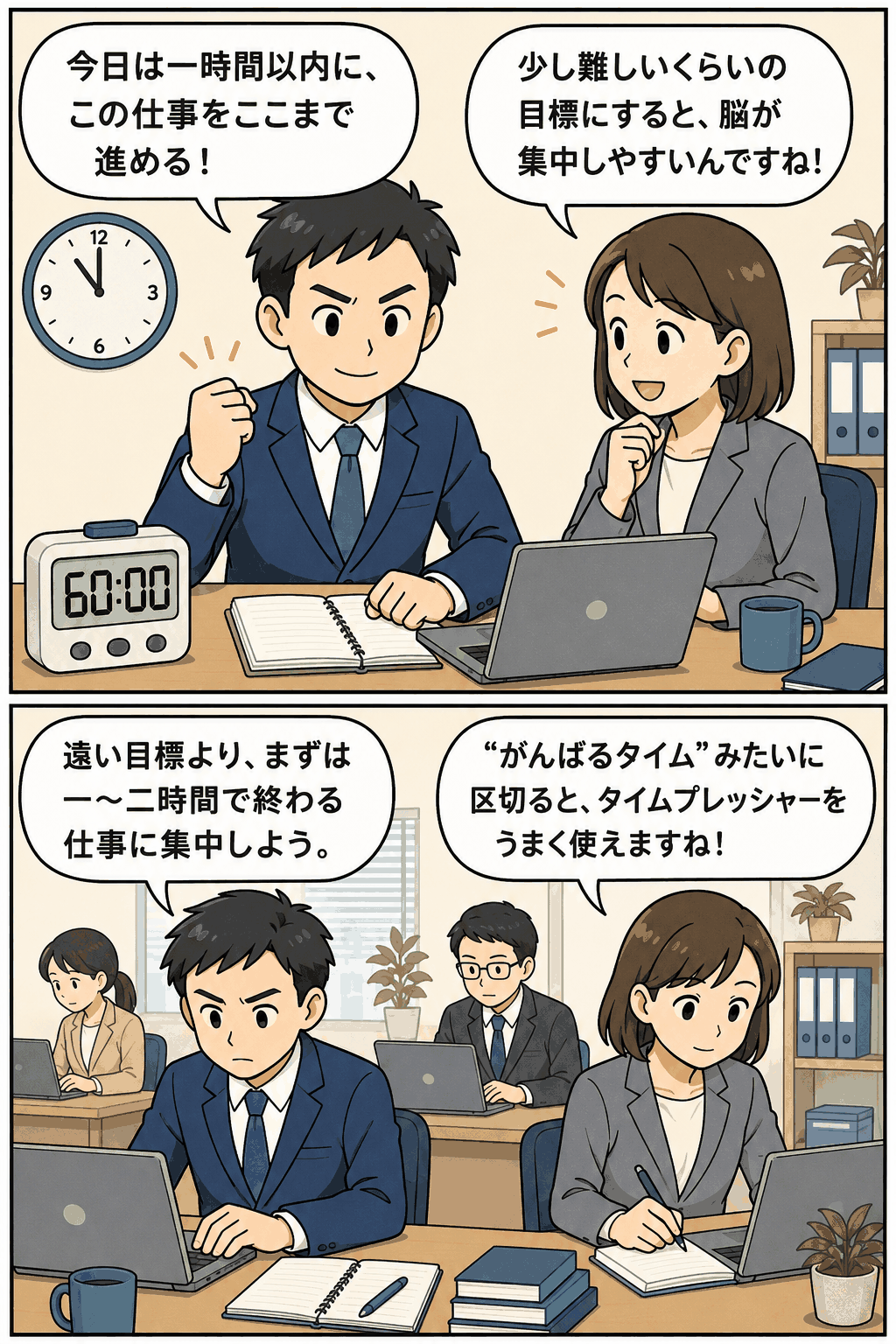 一時間以内の目標設定やがんばるタイムを活用し、タイムプレッシャーで集中力を高める一時間脳セットアップ法を解説する漫画画像