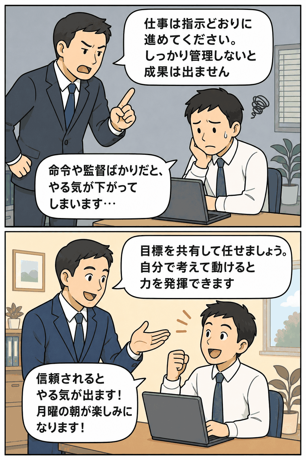 マグレガーのX理論とY理論を比較し、命令・監督型マネジメントと信頼・自律型マネジメントによる社員モチベーションの違いを描いた漫画イラスト