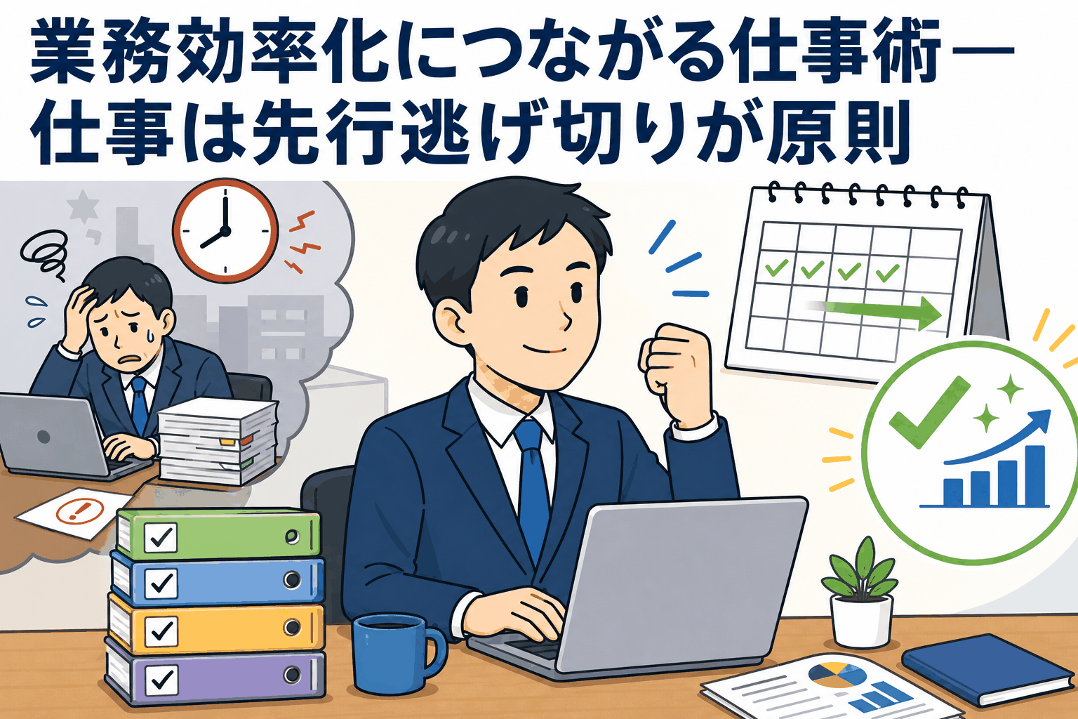 業務効率化につながる仕事術として、納期前に仕事を進める「先行逃げ切り」の重要性を解説するイラスト