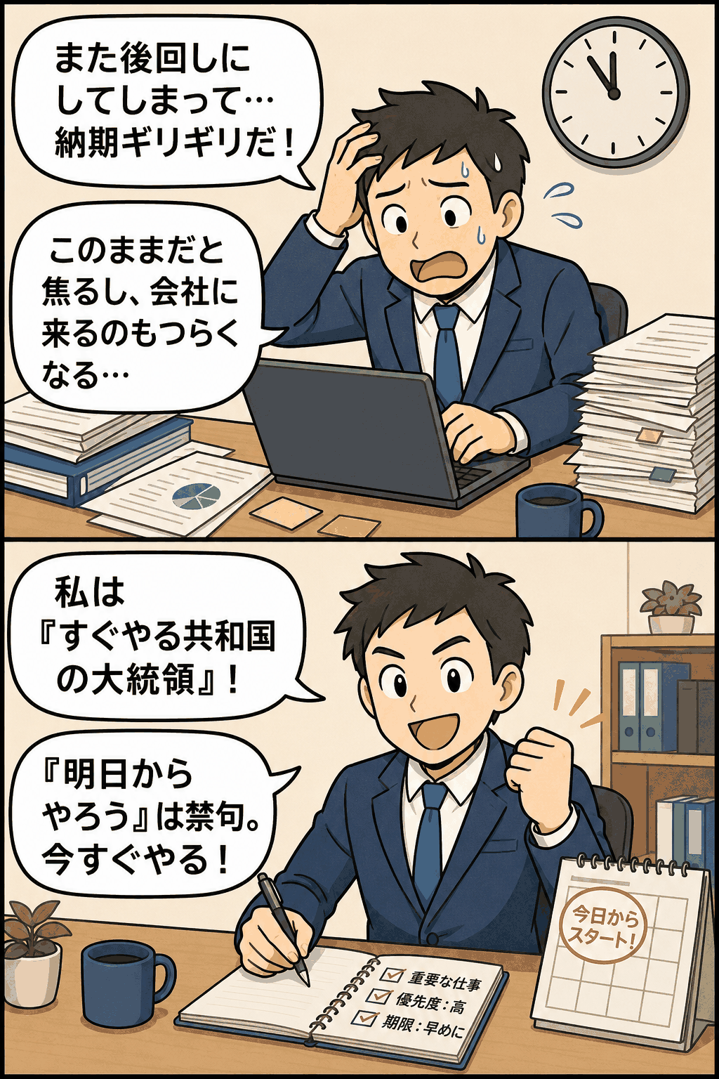 仕事を後回しにして納期ギリギリで焦る状態から、「すぐやる共和国の大統領」というセルフイメージで今すぐ行動する仕事術を描いた漫画イラスト