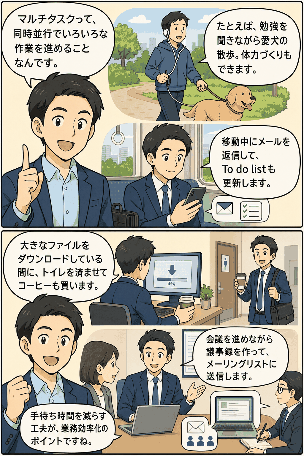 マルチタスクの意味と具体例を解説し、犬の散歩中の勉強、移動中のメール返信、ダウンロード中の用事、会議中の議事録作成で業務効率化を示す漫画