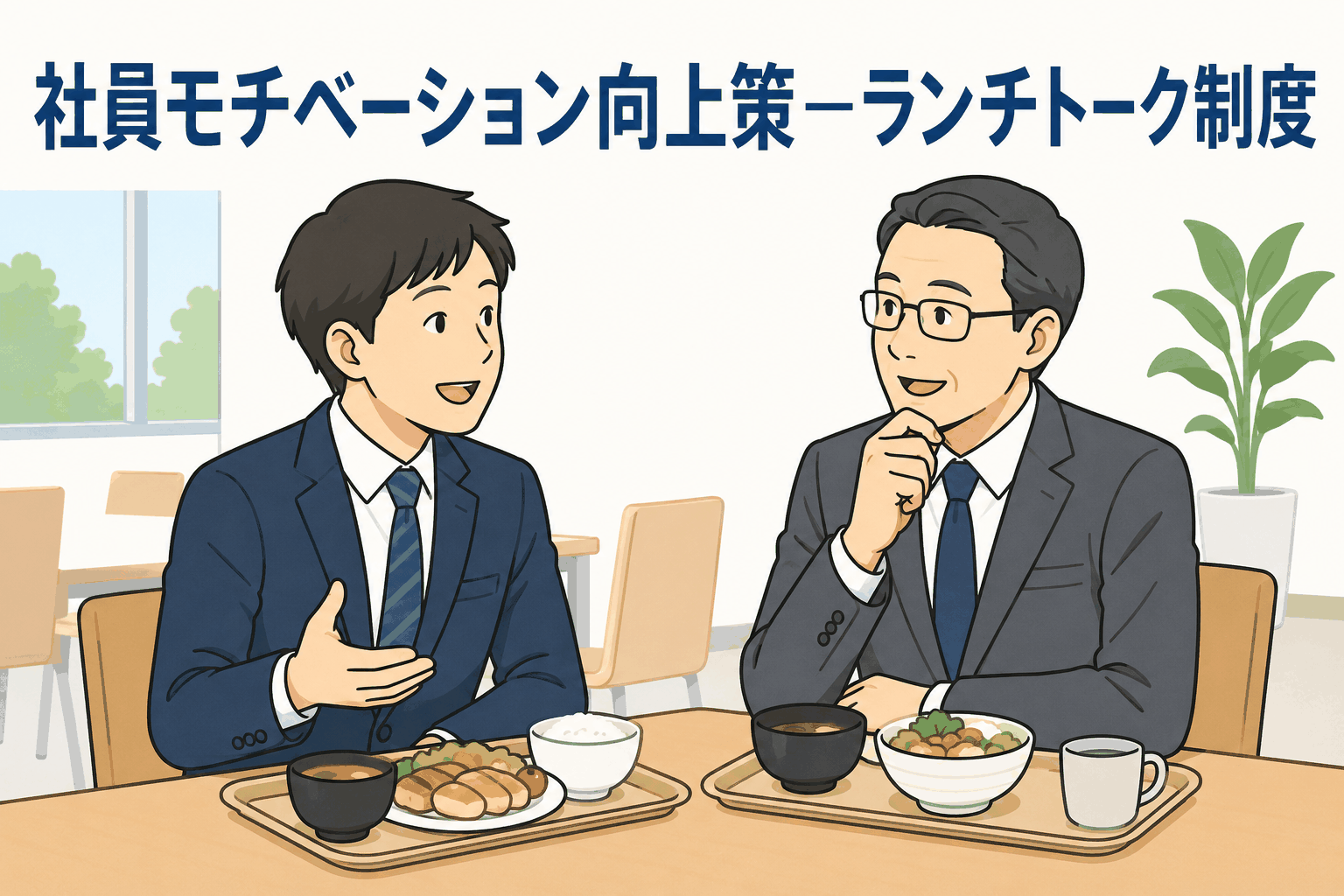 社員モチベーション向上策としてランチトーク制度を活用し、上司と部下が昼食を取りながら相談する様子