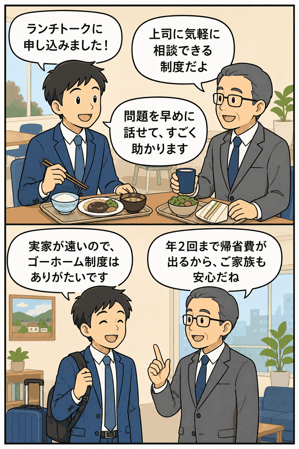 ランチトーク制度とゴーホーム制度を通じて、社員の相談機会や帰省支援によりモチベーション向上を図る企業事例