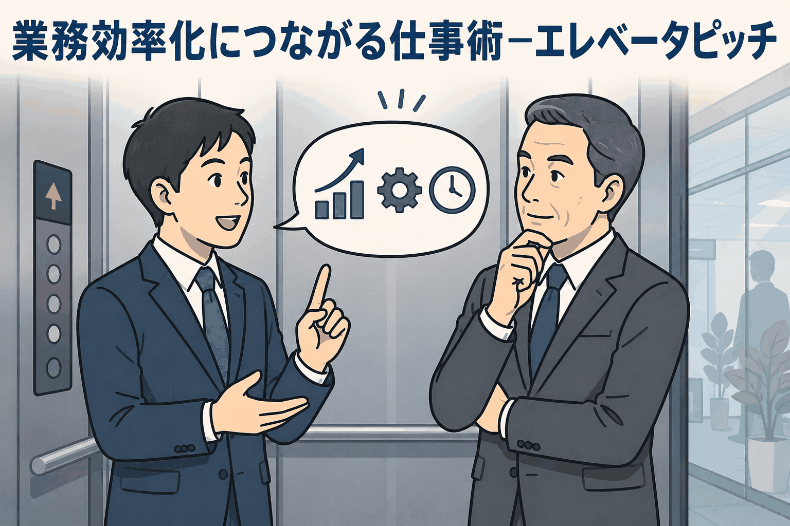 エレベーター内で若手社員が上司に業務効率化につながるエレベータピッチを説明しているイラスト