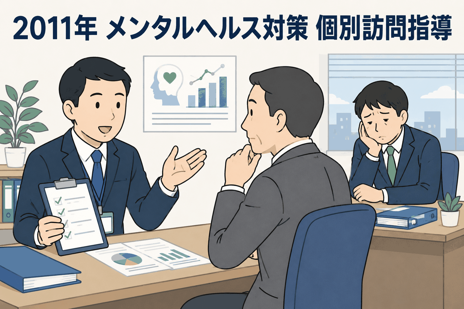 2011年、東京労働局による企業のメンタルヘルス対策強化と個別訪問指導を表したイラスト