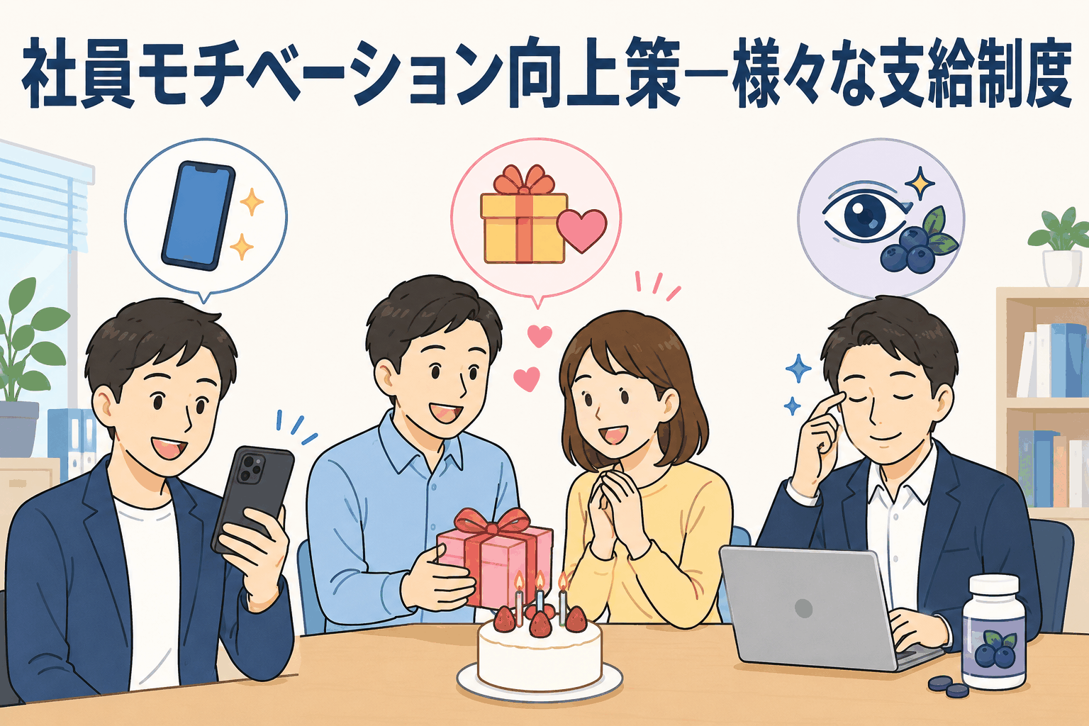 社員モチベーション向上策として、iPhone支給制度、バースデー制度、ブルーベリーアイ制度などのユニークな社内支給制度を紹介するイラスト