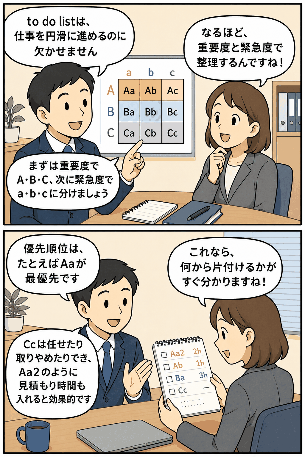 to do listを重要度ABCと緊急度abcで分類し、タスクの優先順位を整理する方法を解説するビジネス漫画