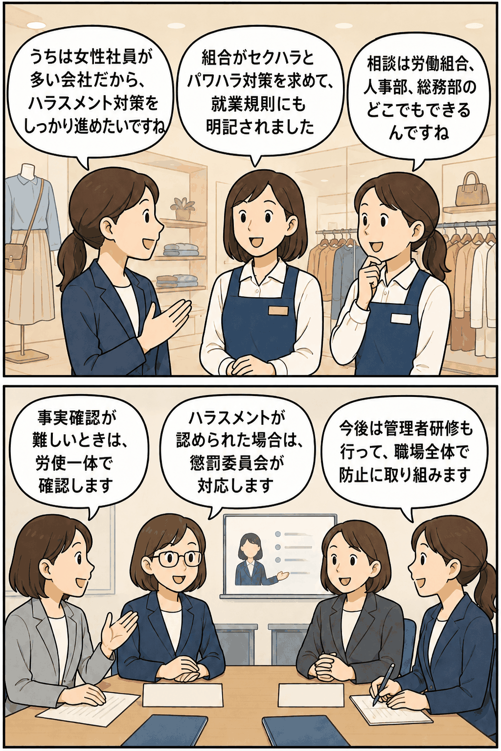 婦人服小売業の女性社員が、労働組合と会社によるセクハラ・パワハラ防止策、相談窓口、労使一体の事実確認、懲戒対応、管理者研修について確認する漫画イラスト