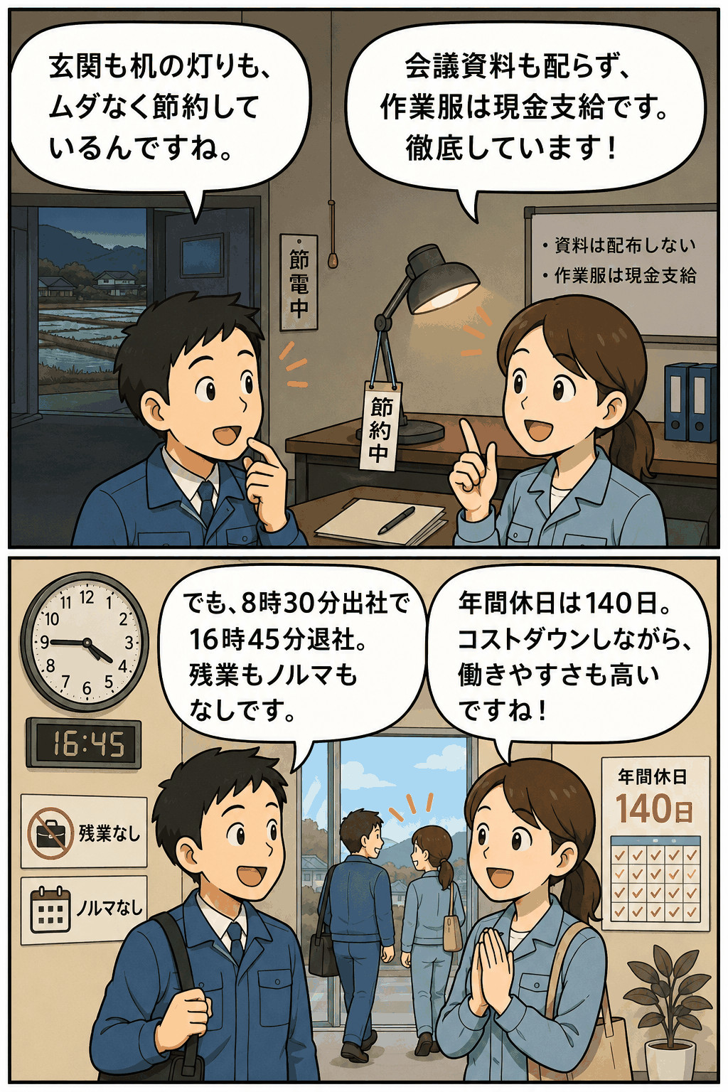 電設資材メーカーの節約経営と、8時30分出社・16時45分退社・残業なし・年間休日140日の働き方を紹介する漫画イラスト