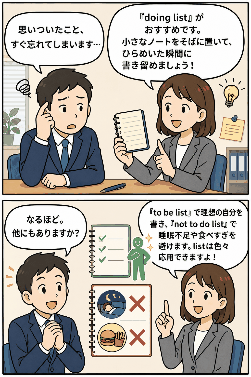 doing list・to be list・not to do listを活用して、思いついたことの記録や理想の自分づくり、やらないことの整理を学ぶビジネス会話の漫画
