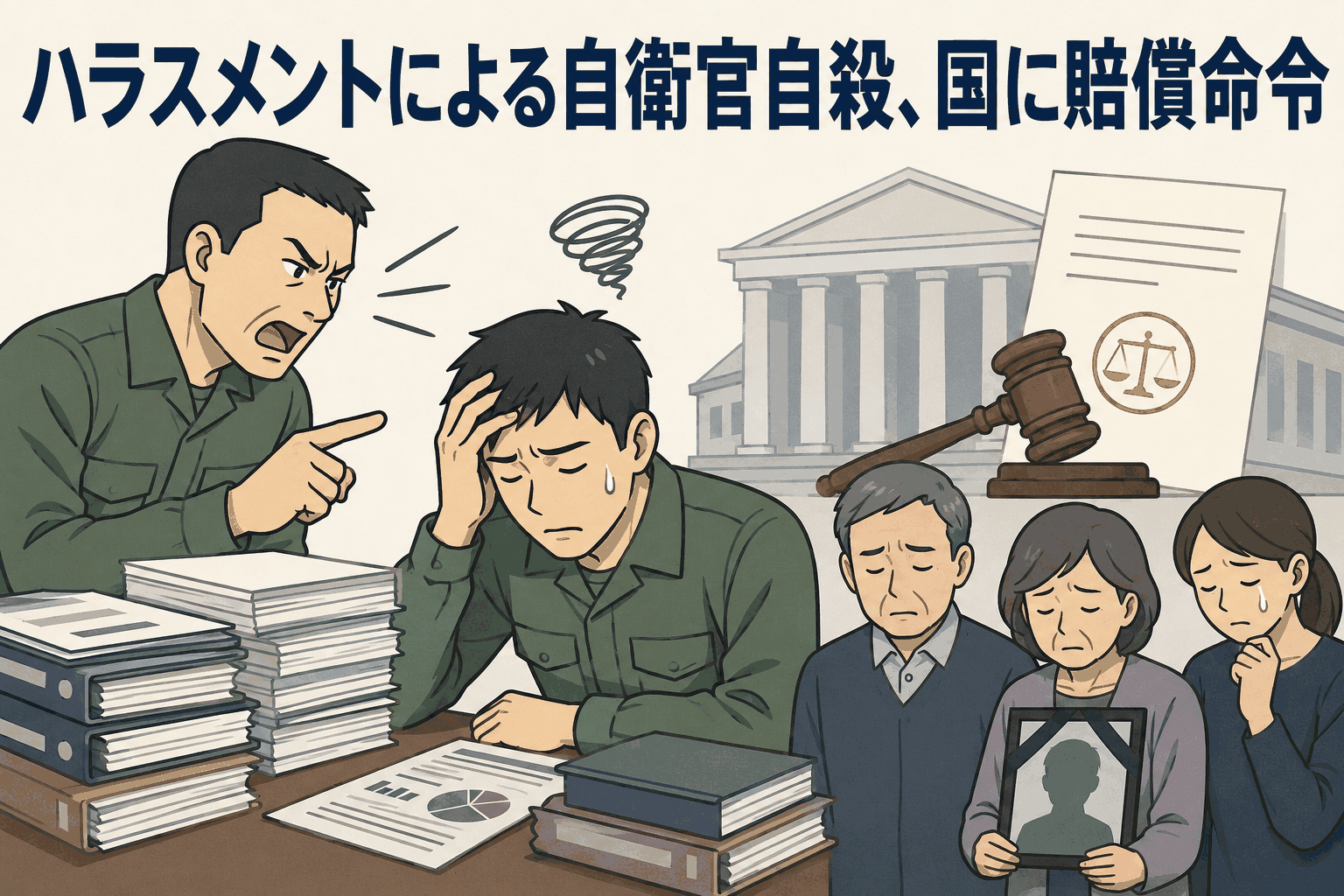 自衛隊のパワハラで自殺した元自衛官の遺族が国に損害賠償を求め、裁判所が約8,000万円の賠償命令を出した事案を表すイラスト