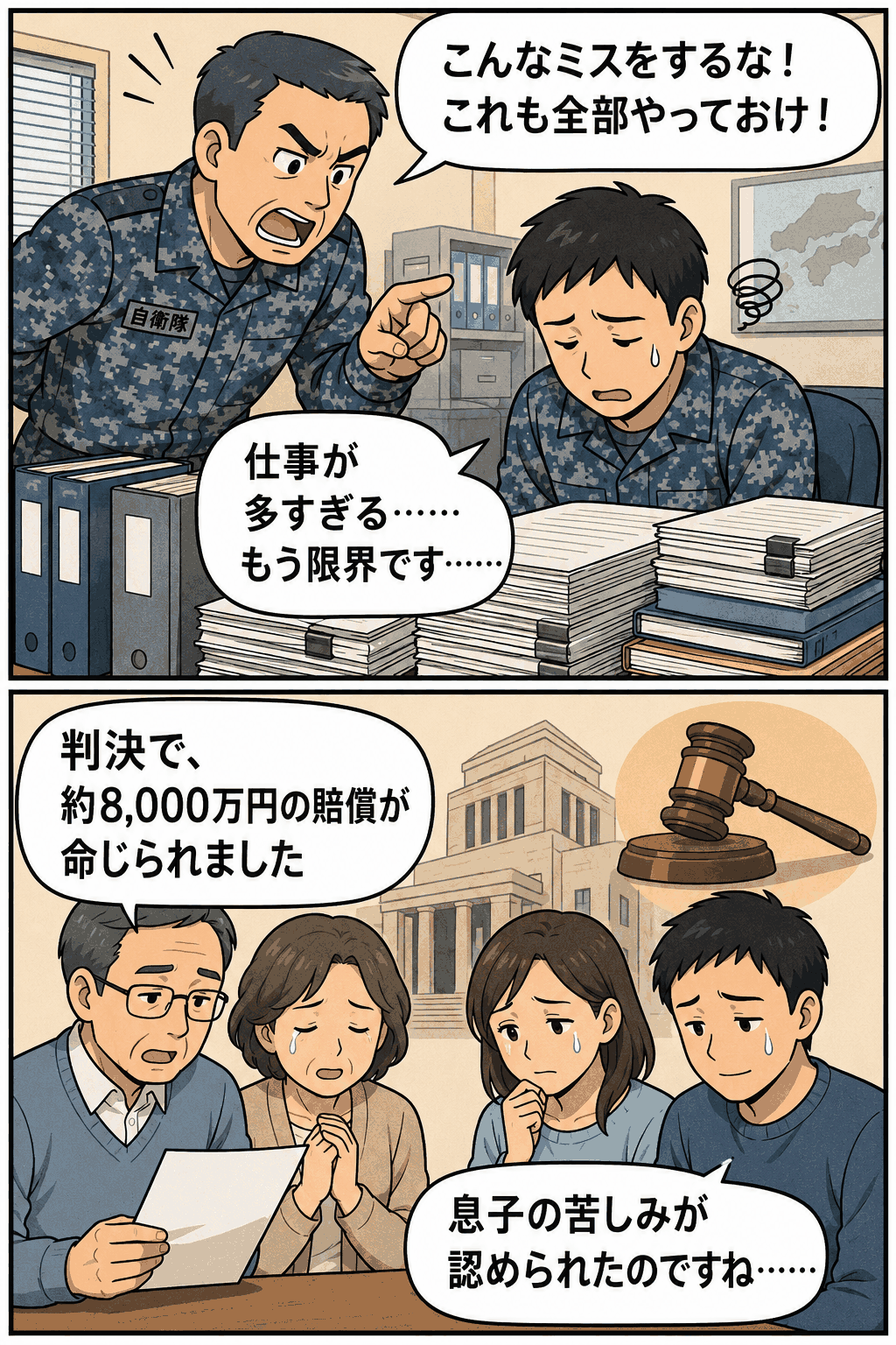 自衛隊の先輩隊員によるパワハラや過重業務で自殺した男性について、遺族が国に損害賠償を求め、判決で約8,000万円の賠償が命じられた事案を描いた漫画