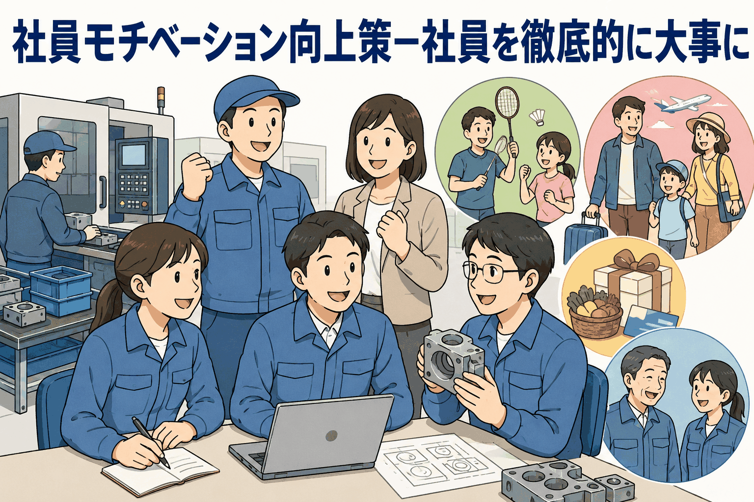 製造業の社員が改善提案や新製品開発に取り組み、福利厚生や社員旅行などを通じてモチベーション向上を図る様子