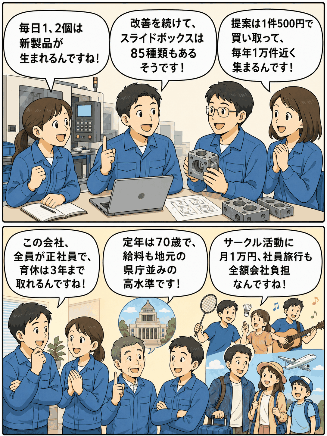 製造業の社員が新製品開発や改善提案制度、正社員雇用や育児休業、定年70歳、サークル活動支援、社員旅行などの福利厚生について話し合う漫画風イラスト