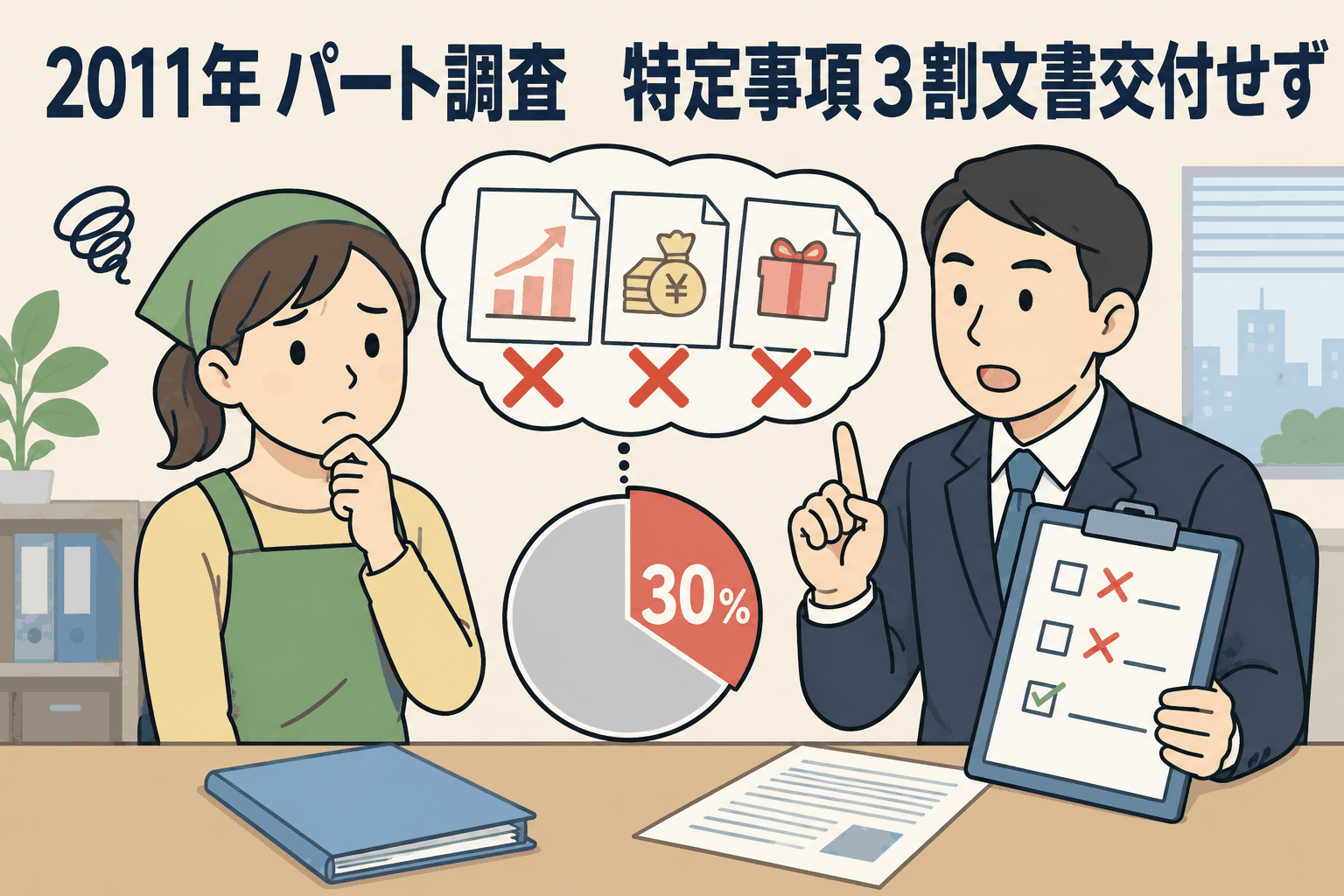 2011年の埼玉労働局パートタイム労働者雇用管理調査で、昇給・退職手当・賞与の文書交付未実施が約3割あることを説明するイラスト