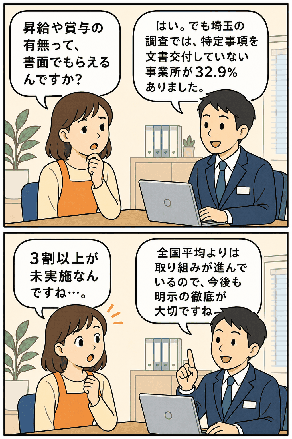 埼玉労働局の2011年パートタイム労働者雇用管理調査について、昇給・退職手当・賞与の文書交付未実施が32.9%だったことを会話形式で説明する漫画