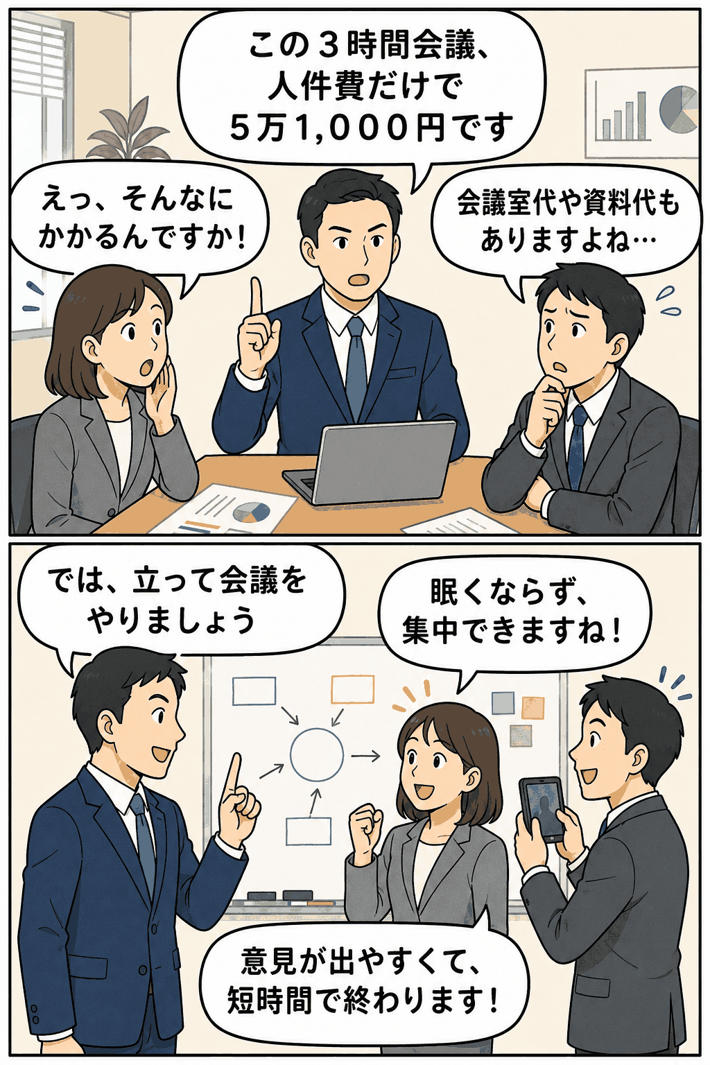 3時間会議の人件費が51,000円かかることを説明し、立って行う短時間集中会議によって会議コスト削減と生産性向上を目指すビジネス漫画