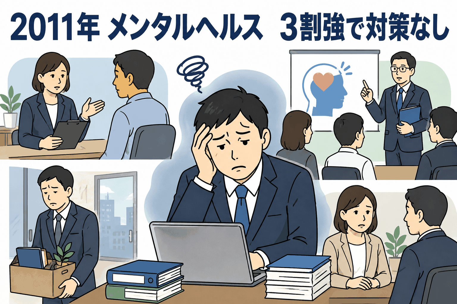 2011年の職場メンタルヘルス調査で、3割強の事業所が対策なしだったことを示すイラスト