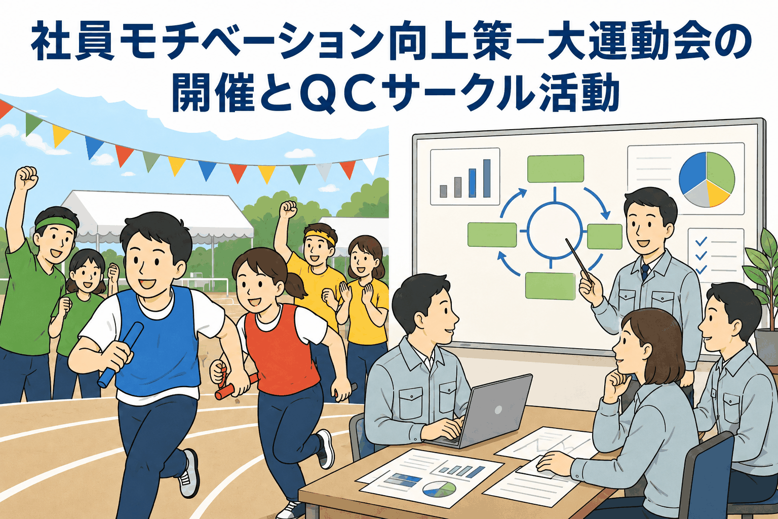 社員モチベーション向上策として、大運動会とQCサークル活動に取り組む産業機械メーカーの様子