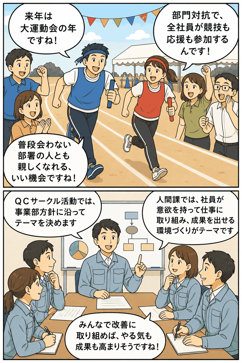 産業機械メーカーの社員が部門対抗の大運動会に参加し、QCサークル活動で職場改善について話し合う様子